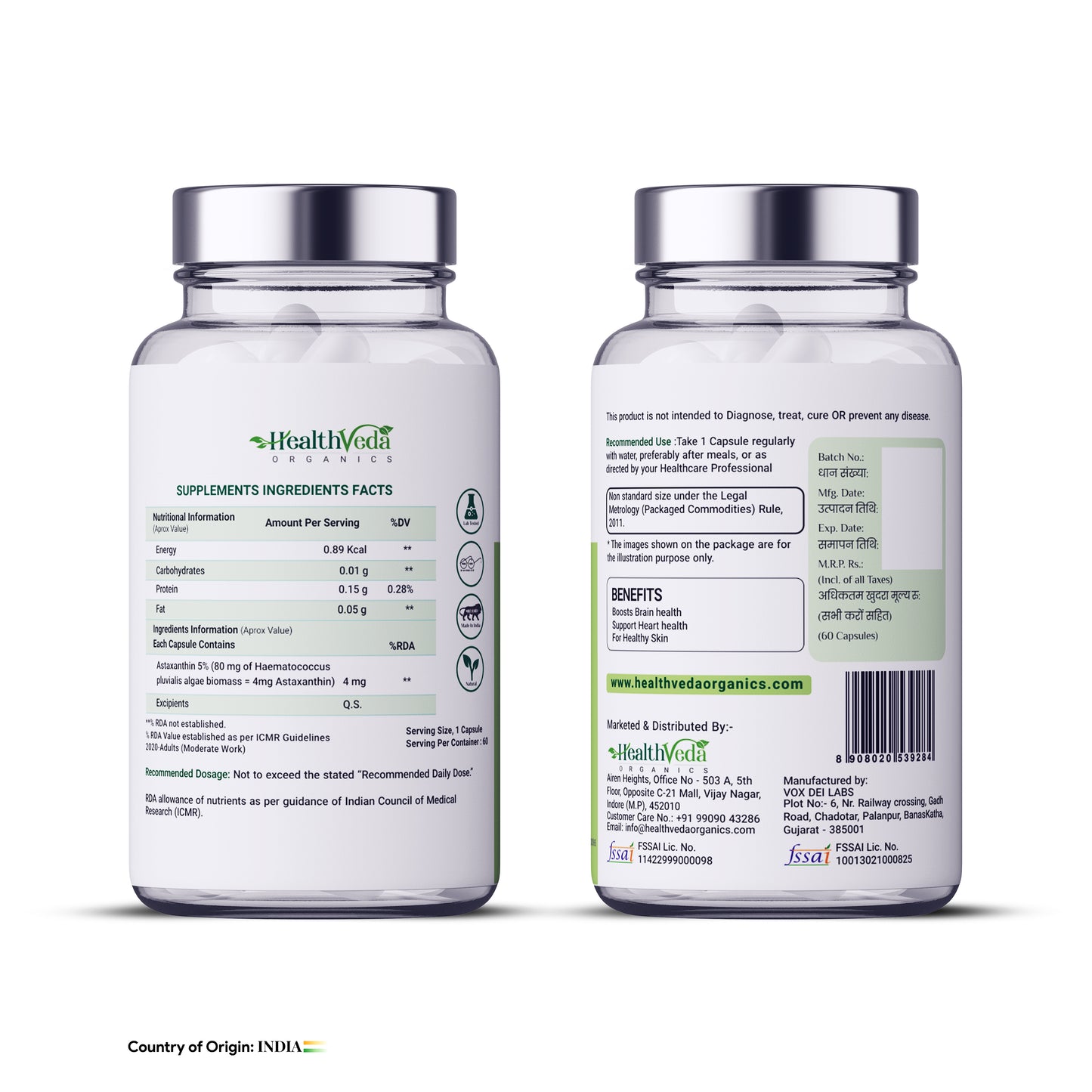 Health Veda Organics Plant Based Astaxanthin 4 mg for Eye, Joint & Skin Health - 60 Veg Capsules