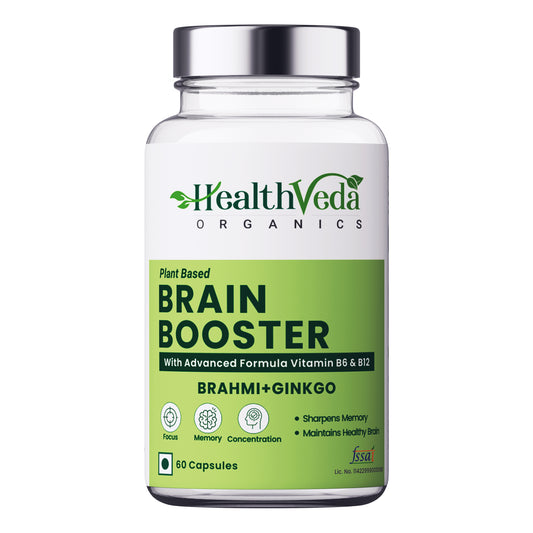 Health Veda Organics Plant Based Brain Booster with Ginkgo Biloba & Brahmi I 60 Veg Capsules I Boosts Concentration & Learning Activities