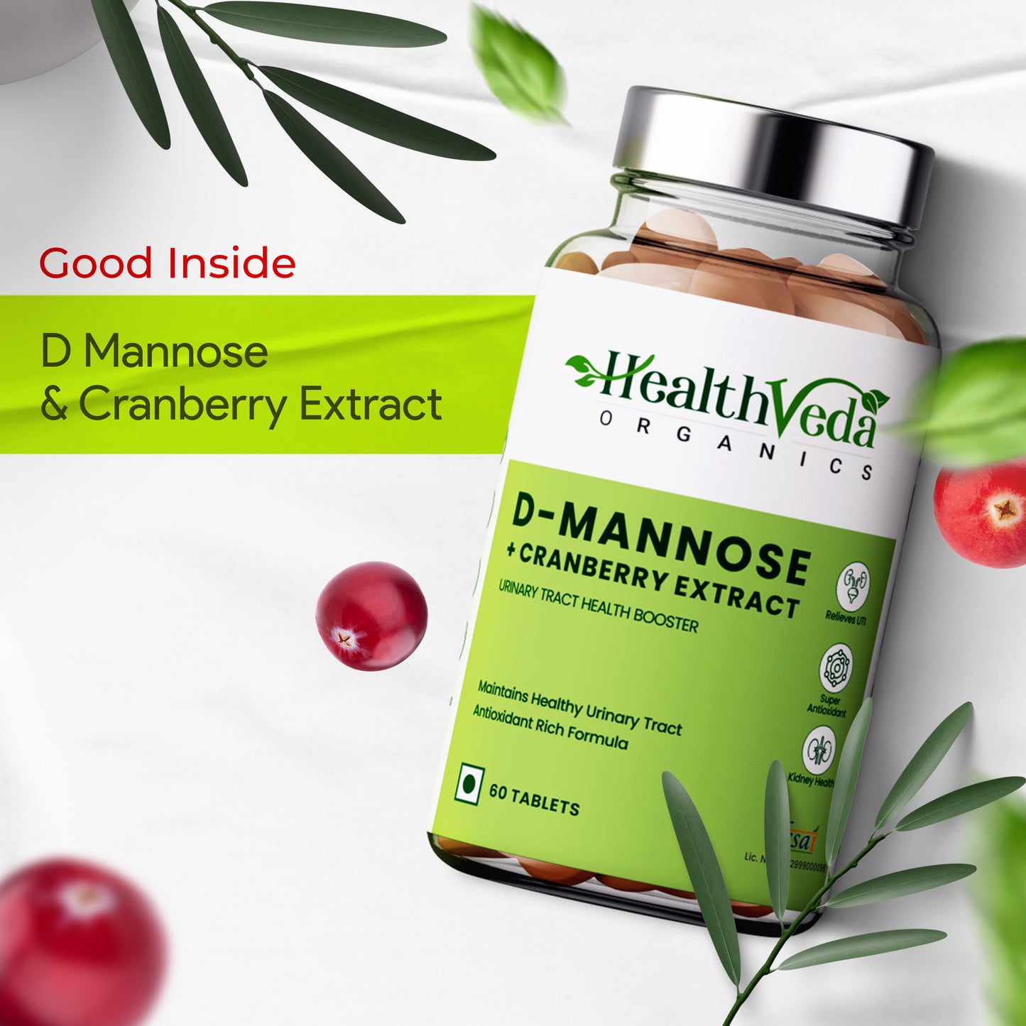 Health Veda Organics D-Mannose 500 mg + Cranberry Extract 200 mg for Kidney Health & Urinary Tract Infection - 60 Veg Tablets
