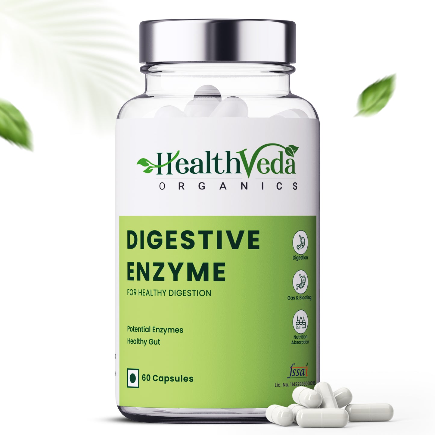 Health Veda Organics Digestive Enzyme Capsules with Amylase, Protease, Glucoamylase | 60 Veg Capsules | Better Digestive Function, Healthy Gut & Health Management | For both Men & Women