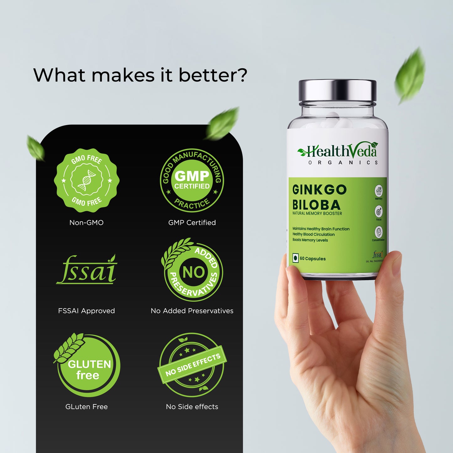 Health Veda Organics Ginkgo Biloba 120 mg Capsules I For Better Concentration, Memory & Learning - 60 Veg Capsules