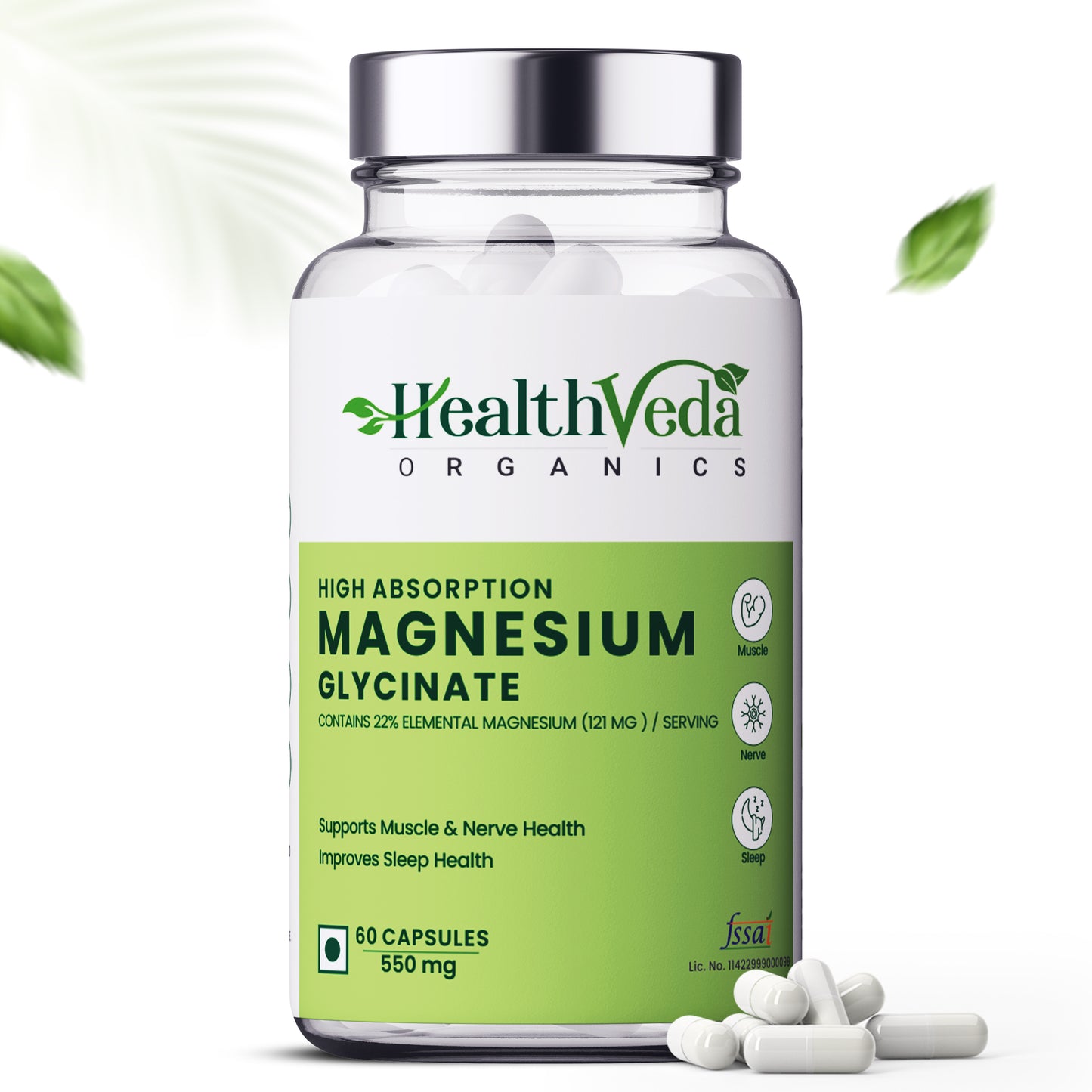 Health Veda Organics High Absorption Magnesium Glycinate, 550mg | 60 Veg Capsules | Supports Nerve & Muscle Health