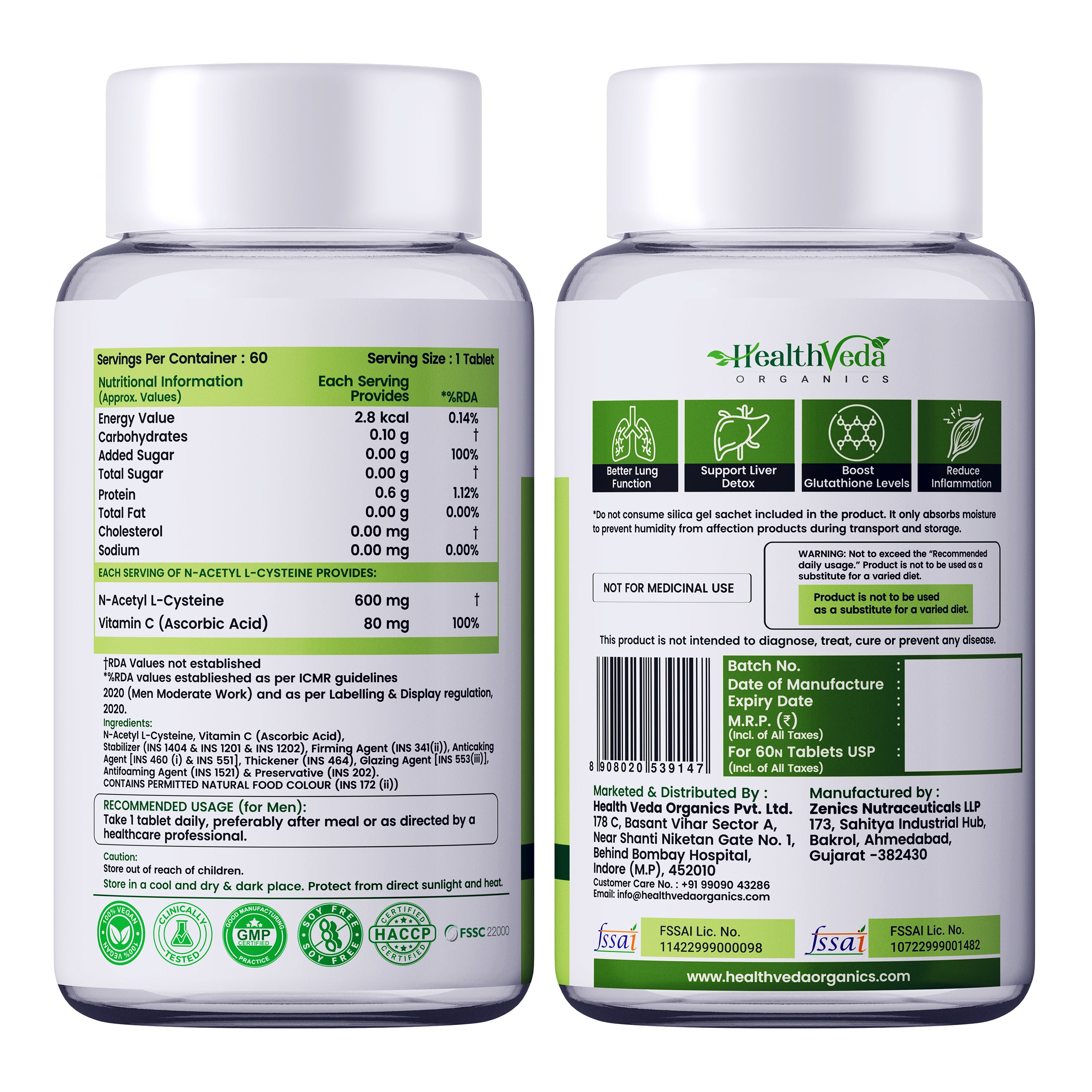 Health Veda Organics N - Acetyl L - Cysteine 600mg | 60 Veg  Tablets  | Lungs & Respiratory Support| Immune Health |For both Men & Women