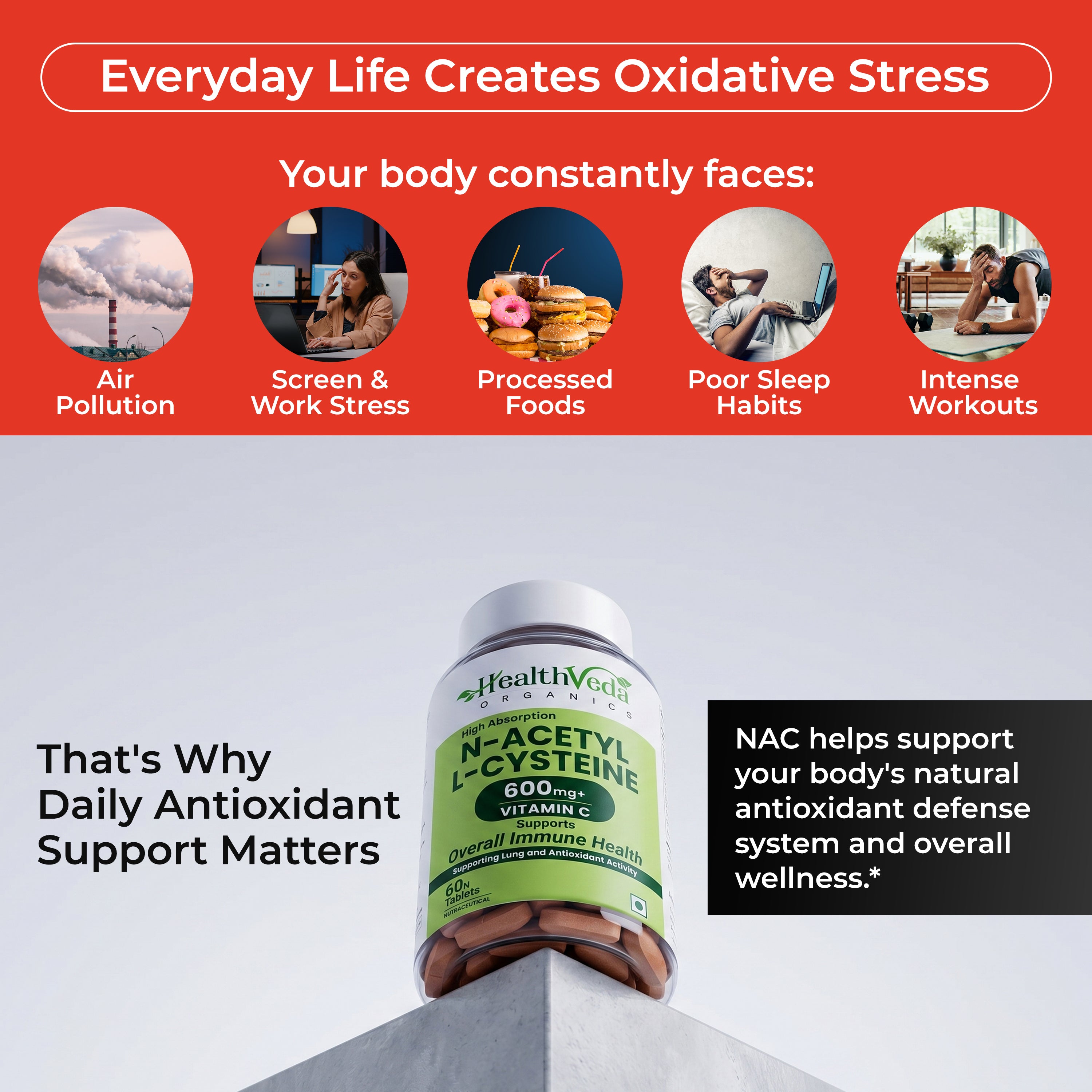 Health Veda Organics N - Acetyl L - Cysteine 600mg | 60 Veg  Tablets  | Lungs & Respiratory Support| Immune Health |For both Men & Women