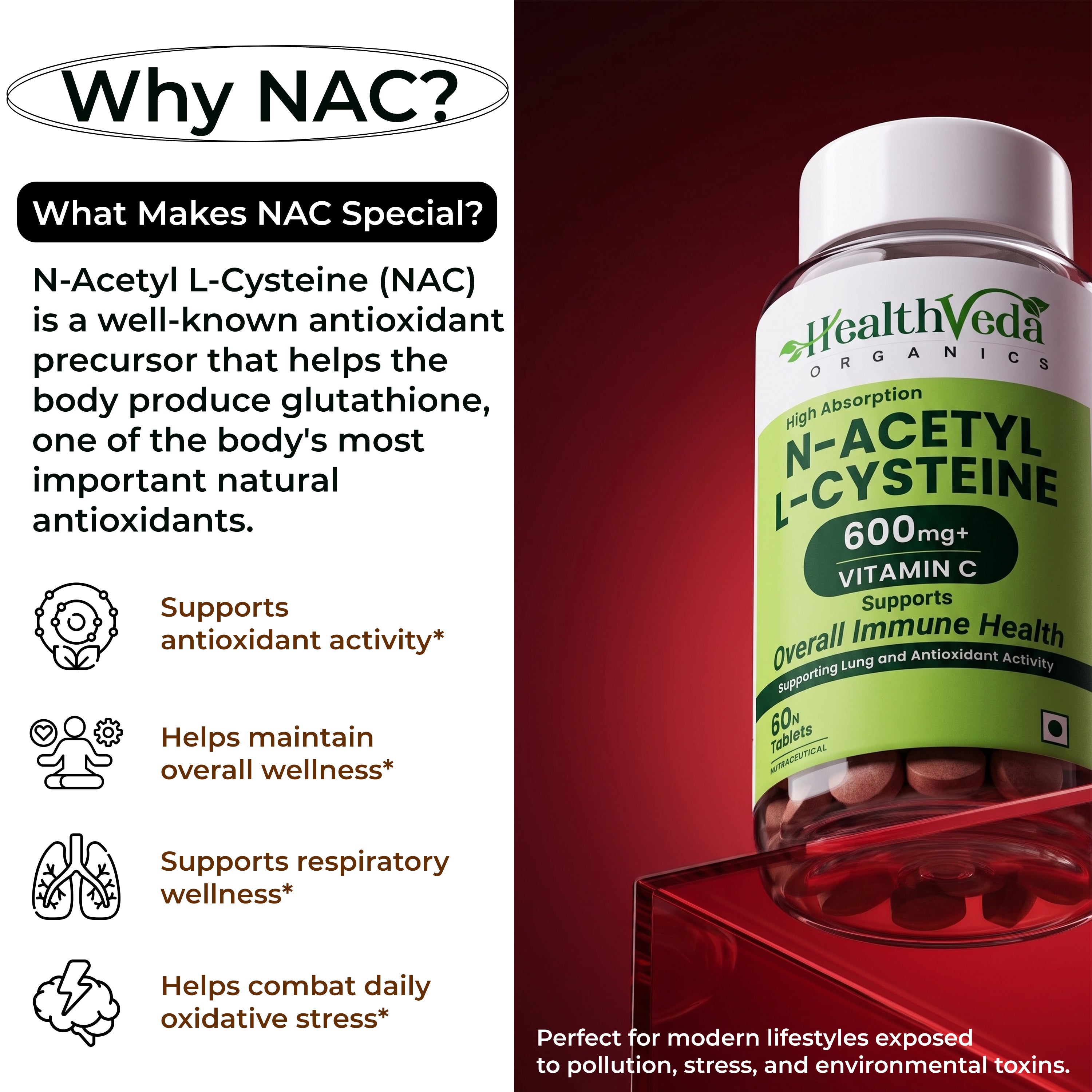 Health Veda Organics N - Acetyl L - Cysteine 600mg | 60 Veg  Tablets  | Lungs & Respiratory Support| Immune Health |For both Men & Women