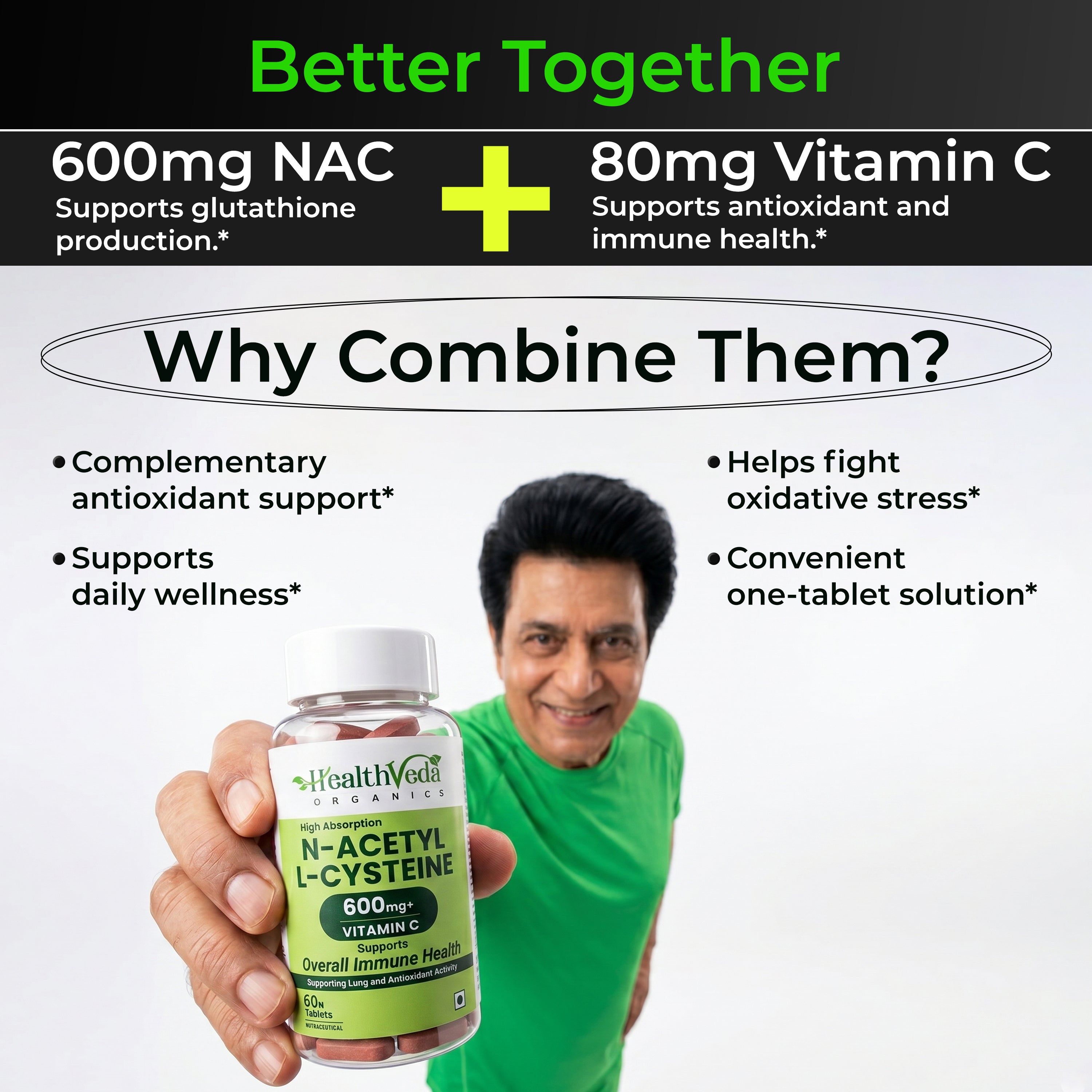 Health Veda Organics N - Acetyl L - Cysteine 600mg | 60 Veg  Tablets  | Lungs & Respiratory Support| Immune Health |For both Men & Women