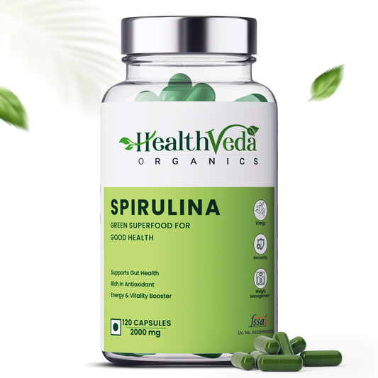 Health Veda Organics Spirulina Capsules 2000mg | Green Food for Good Health Weight Management & Immunity Booster - 120 Vegetarian Capsules