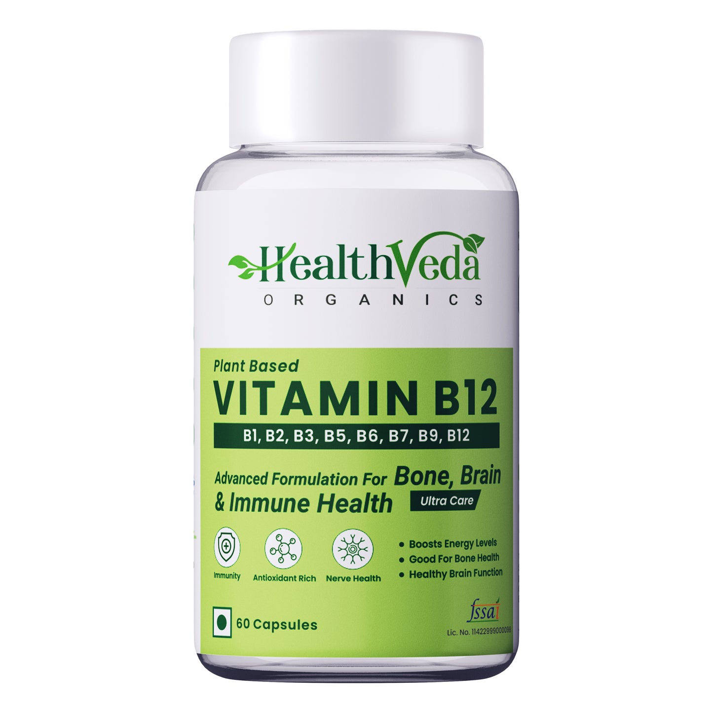 Health Veda Organics Plant Based Vitamin B12 Supplement | 60 Veg Capsules | B1, B2, B3, B5, B6, B7, B9, Moringa | Boost Energy Level | Good For Digestion And Nerve Health | Glowing Skin For Men & Women