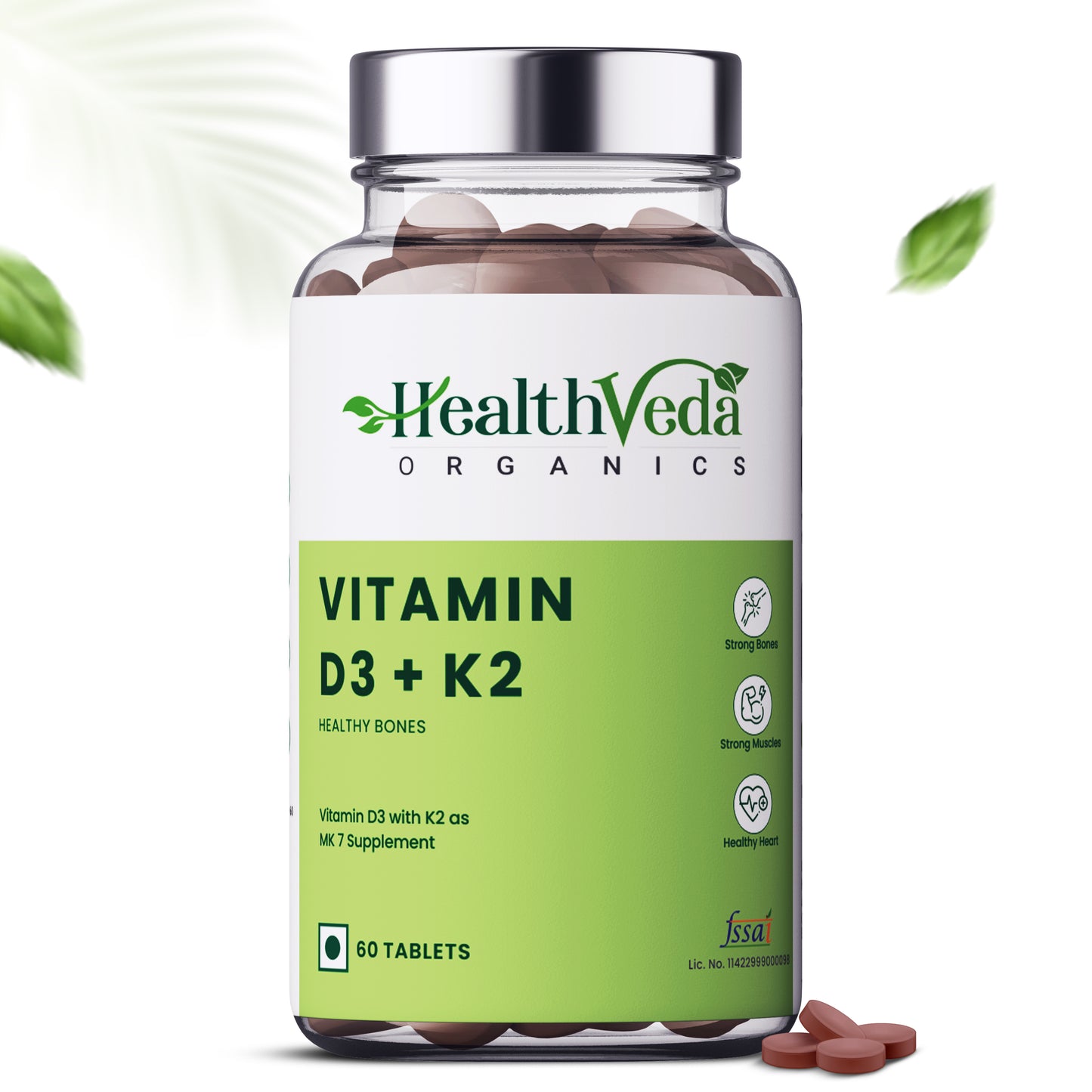 Vitamin D3+K2 as MK7 Supplement | Support Healthy Bones, Boosts Immune System & Joint Care | 60 Veg Tablets for both Men & Women