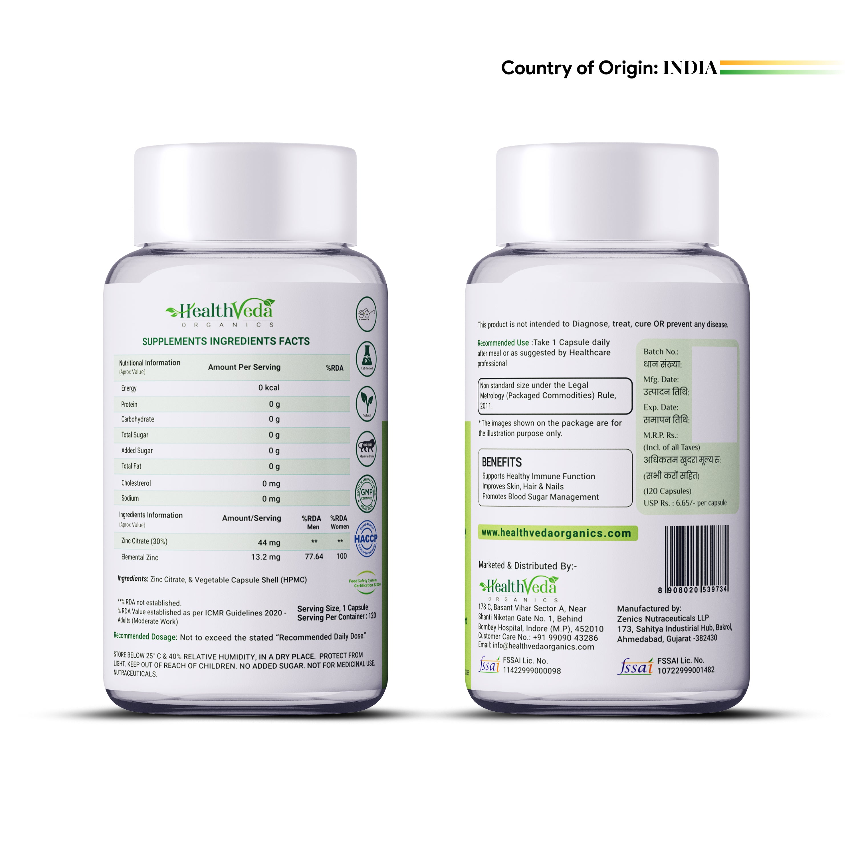 Health Veda Organics Zinc Citrate | Supports Immune and Immunity | Healthier Skin, Hair & Nails | Improves Iron Absorption | 120 Veg Capsules | For Both Men & Women
