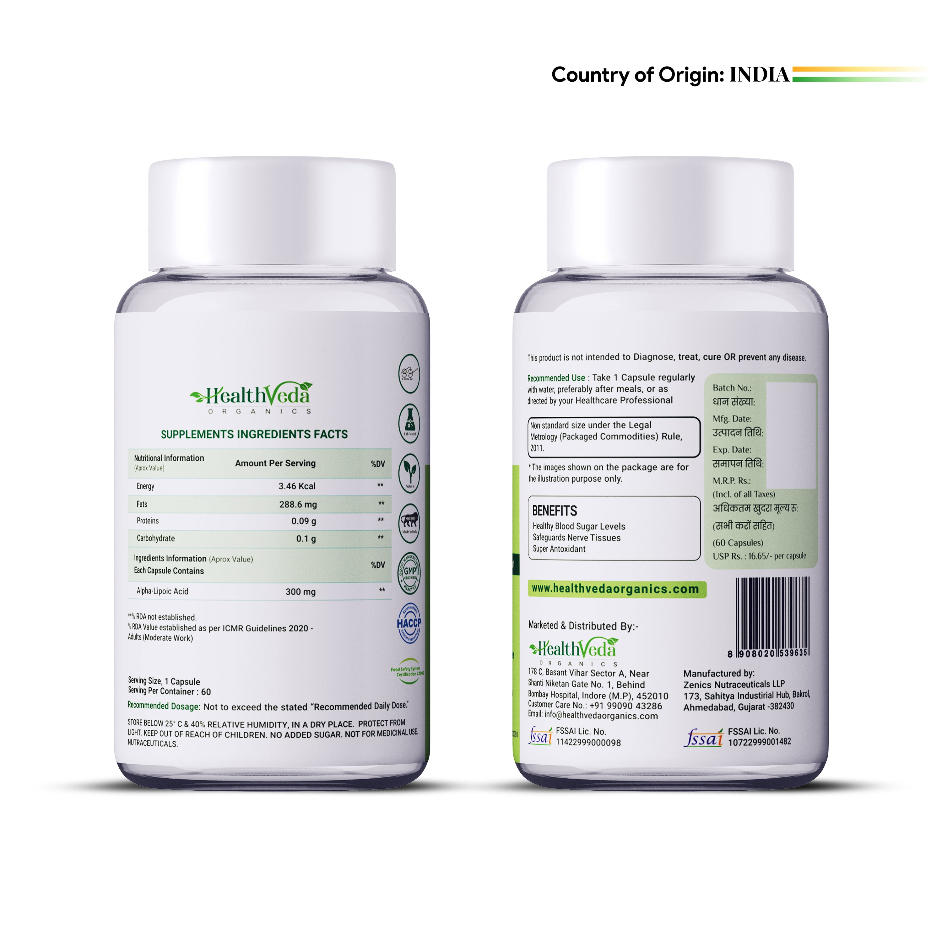 Health Veda Organics Alpha Lipoic Acid 300mg | 60 Veg Tablets | Boosts Liver Function, Maintains Healthy Blood Sugar, Antioxidant Support | For both Men & Women