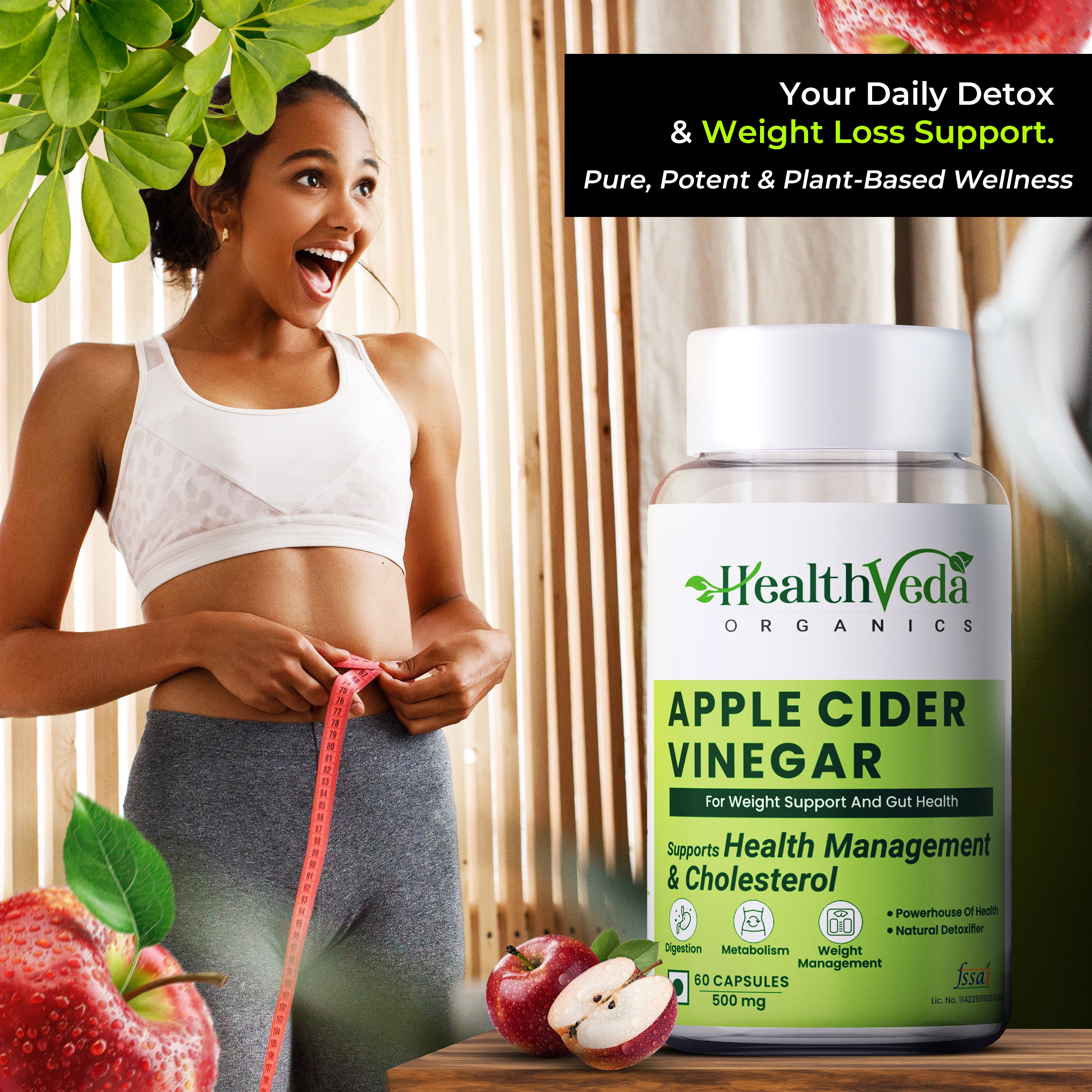 Health Veda Organics Apple Cider Vinegar 500 mg Capsules for Weight Loss & Improves Cholesterol Levels - 60 Veg Capsules