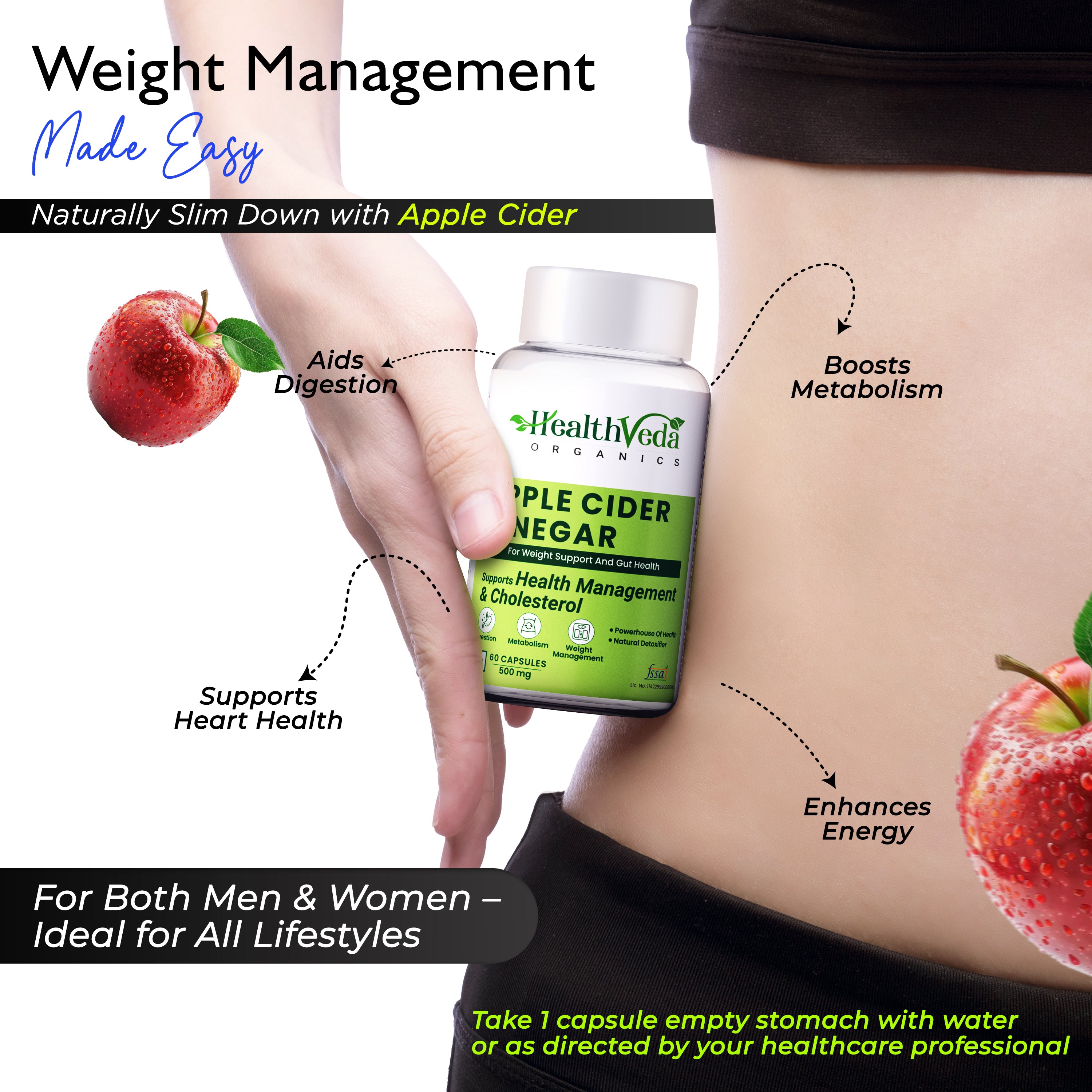 Health Veda Organics Apple Cider Vinegar 500 mg Capsules for Weight Loss & Improves Cholesterol Levels - 60 Veg Capsules
