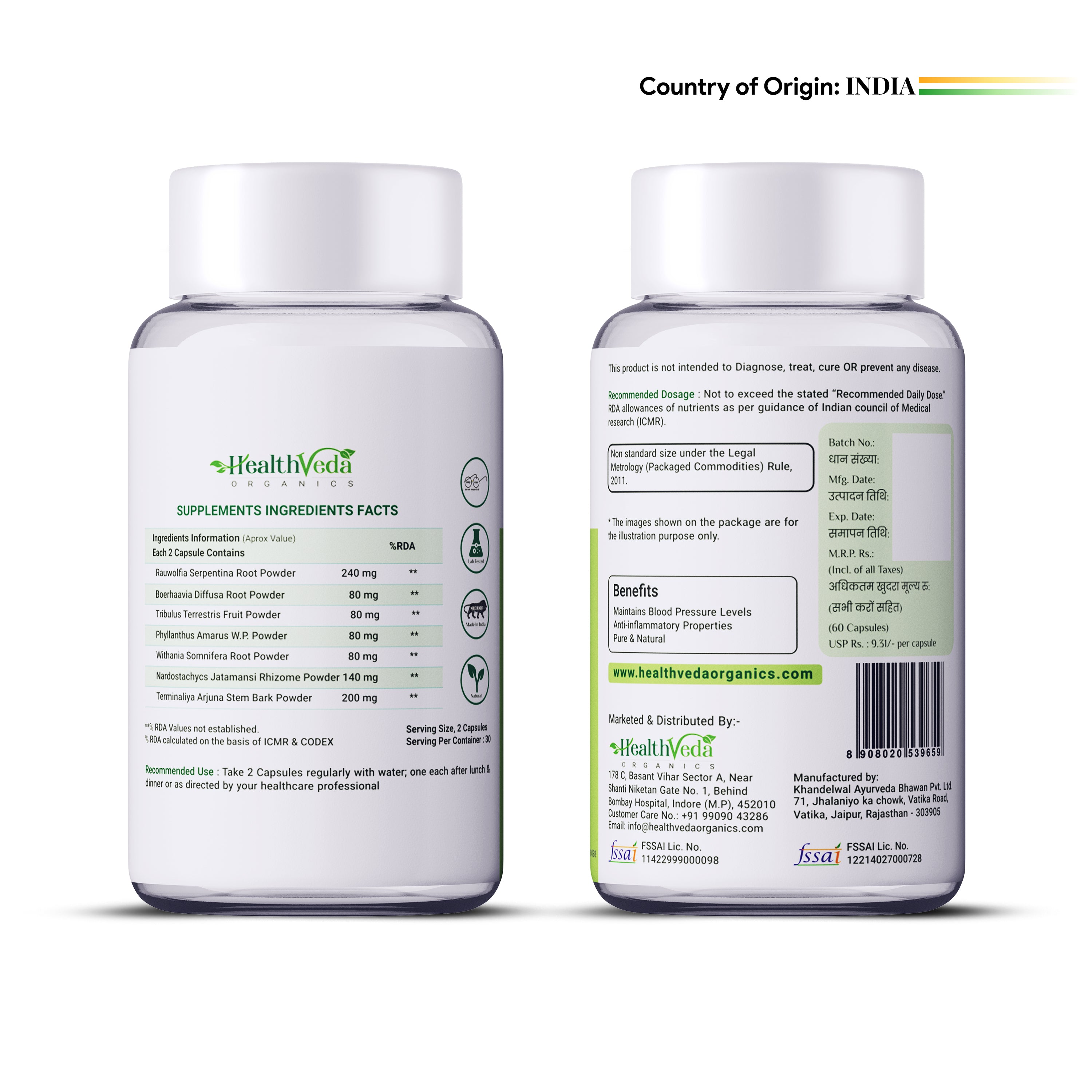 Health Veda Organics B Capsules | 60 Veg Capsules | Maintains Blood Pressure Levels | Supports Heart Health | For both Men & Women