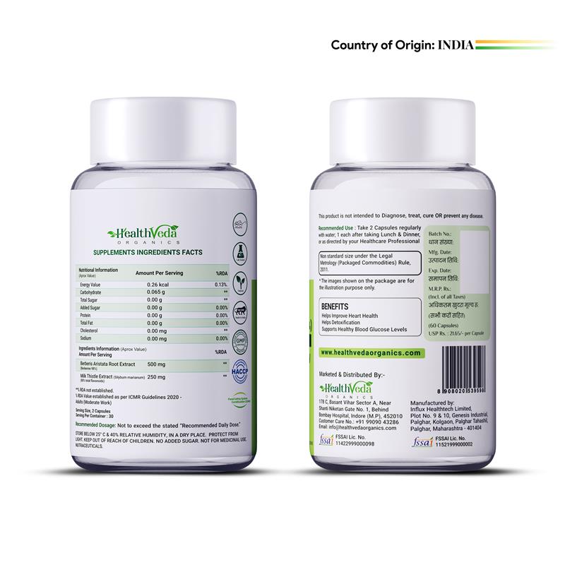 Health Veda Organics Berberis Aristata (98% Berberine) with Milk Thistle 60 Capsules Pack for Men and Women, Support Healthy Blood Glucose Level Support General Health, Help in Detoxification