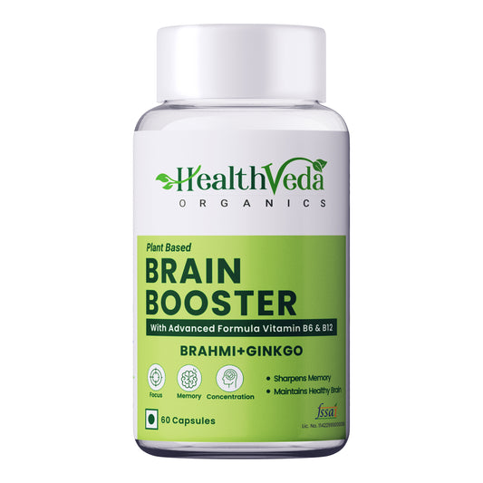 Health Veda Organics Plant Based Brain Booster with Ginkgo Biloba & Brahmi I 60 Veg Capsules I Boosts Concentration & Learning Activities