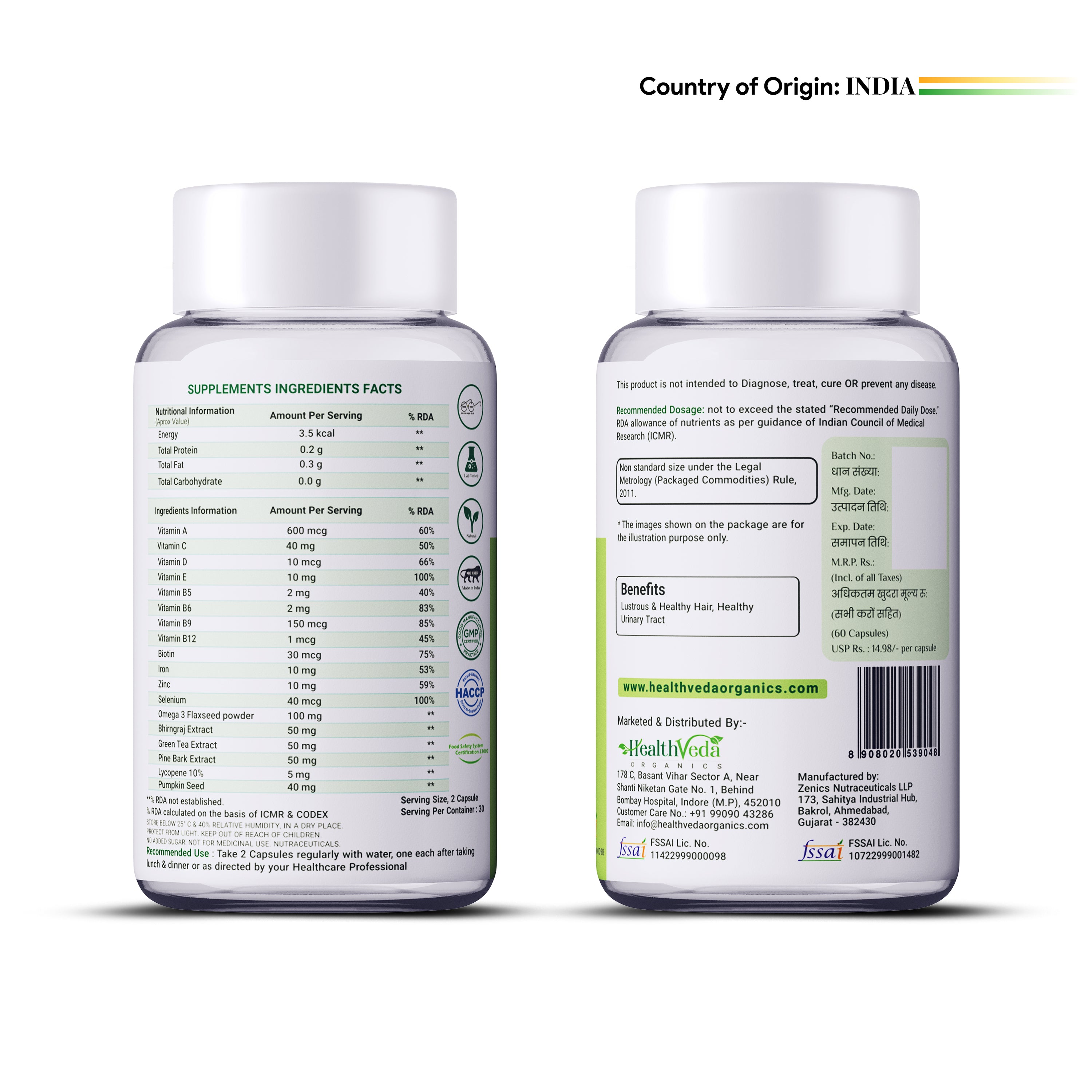 Health Veda Organics Advance Hair Vitamin with DHT Blocker & Biotin | Clinically proven Hair Vitamins For Men & Women - 60 Veg Capsules