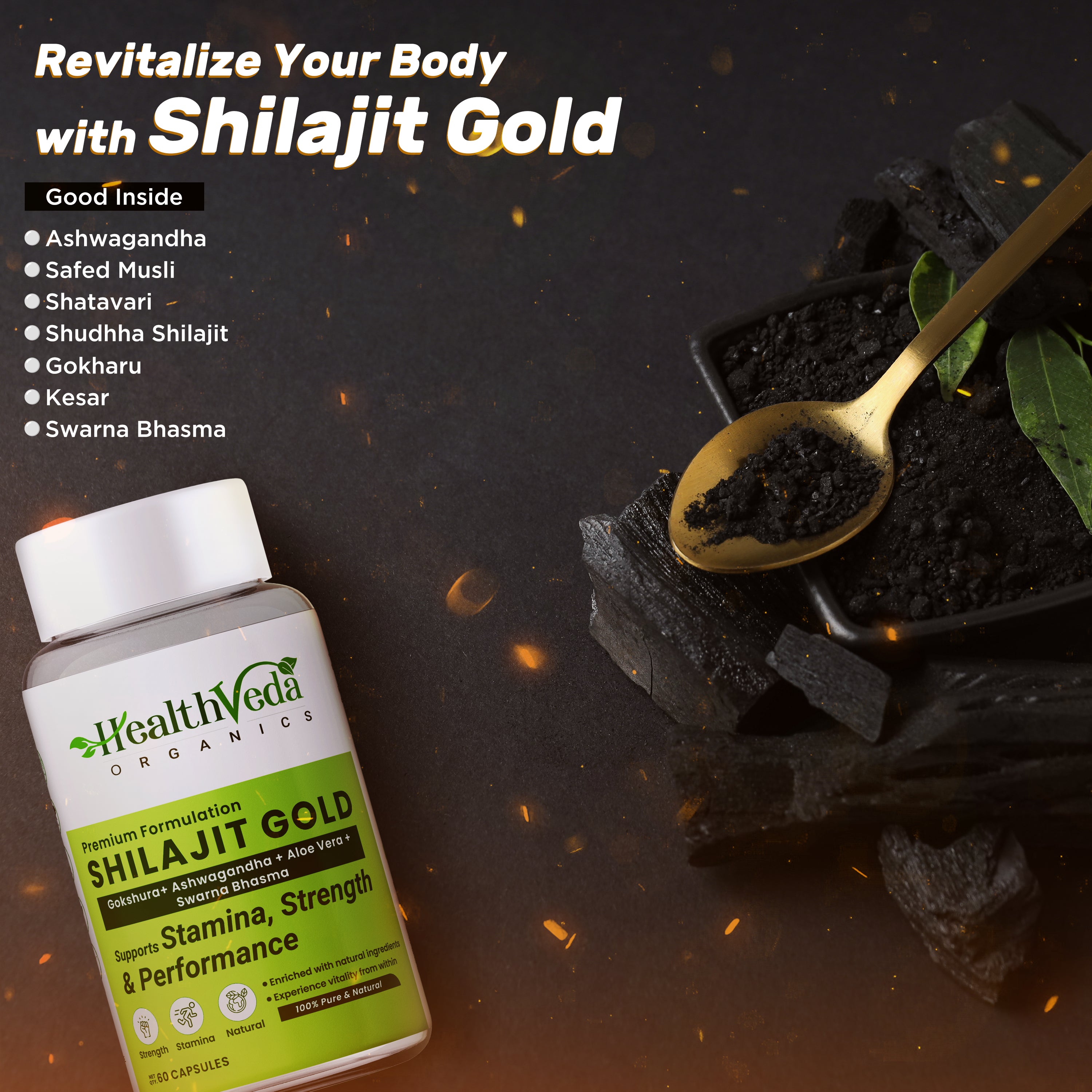 Health Veda Organics Shilajit Gold | 60 Veg Capsules I Stamina & Vitality Booster