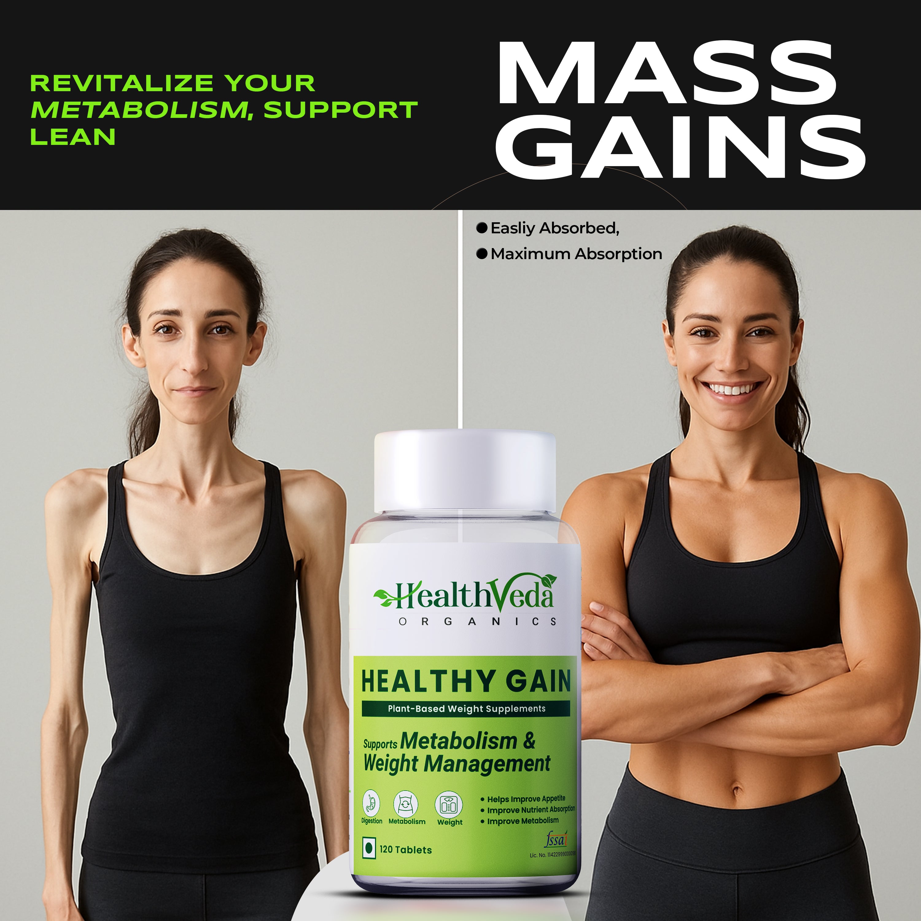 Health Veda Organics Healthy Gain 120 Tablets | A Herbal Weight Gainer | Help to Improve Metabolism, Digestion, Appetite, Weight Gain & Mass Muscle Growth for Both Men and Women