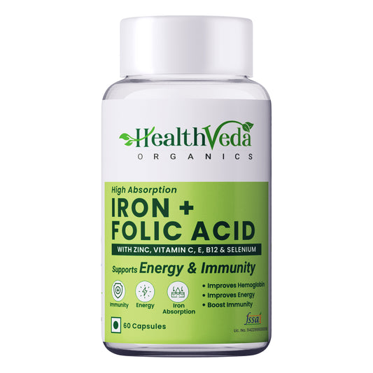 Health Veda Organics Iron + Folic Acid Supplement with Zinc, Vitamin C & Vitamin B12 | 60 Veg Capsules