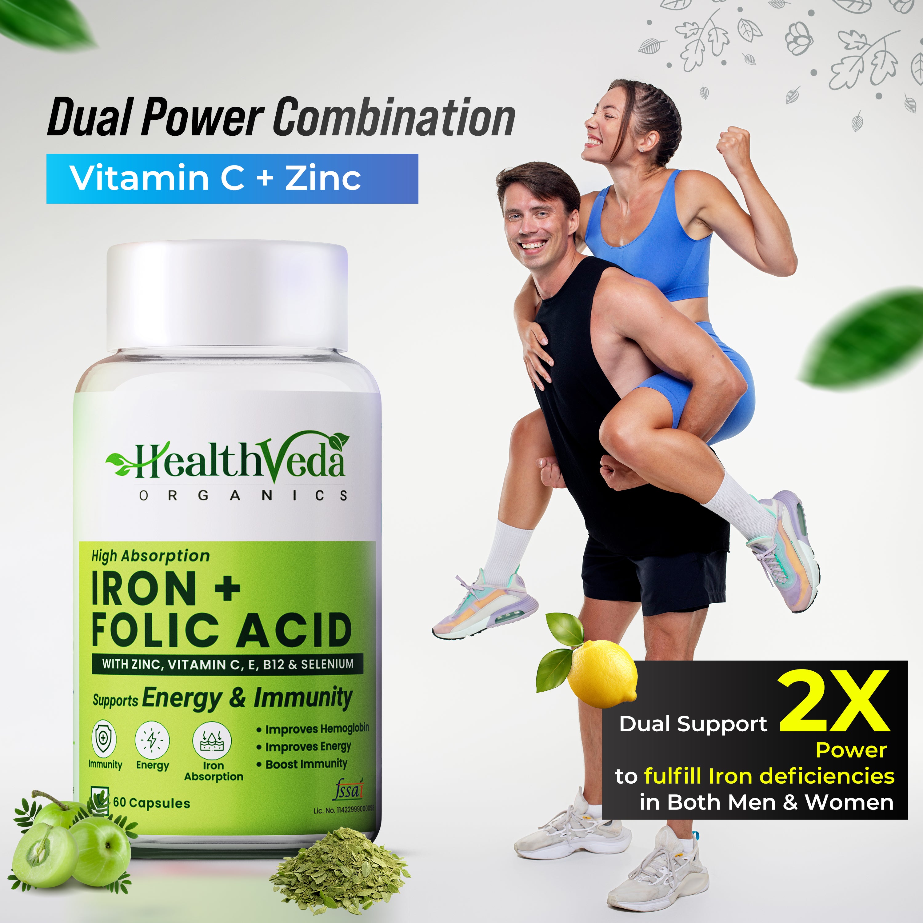 Health Veda Organics Iron + Folic Acid Supplement with Zinc, Vitamin C & Vitamin B12 | 60 Veg Capsules