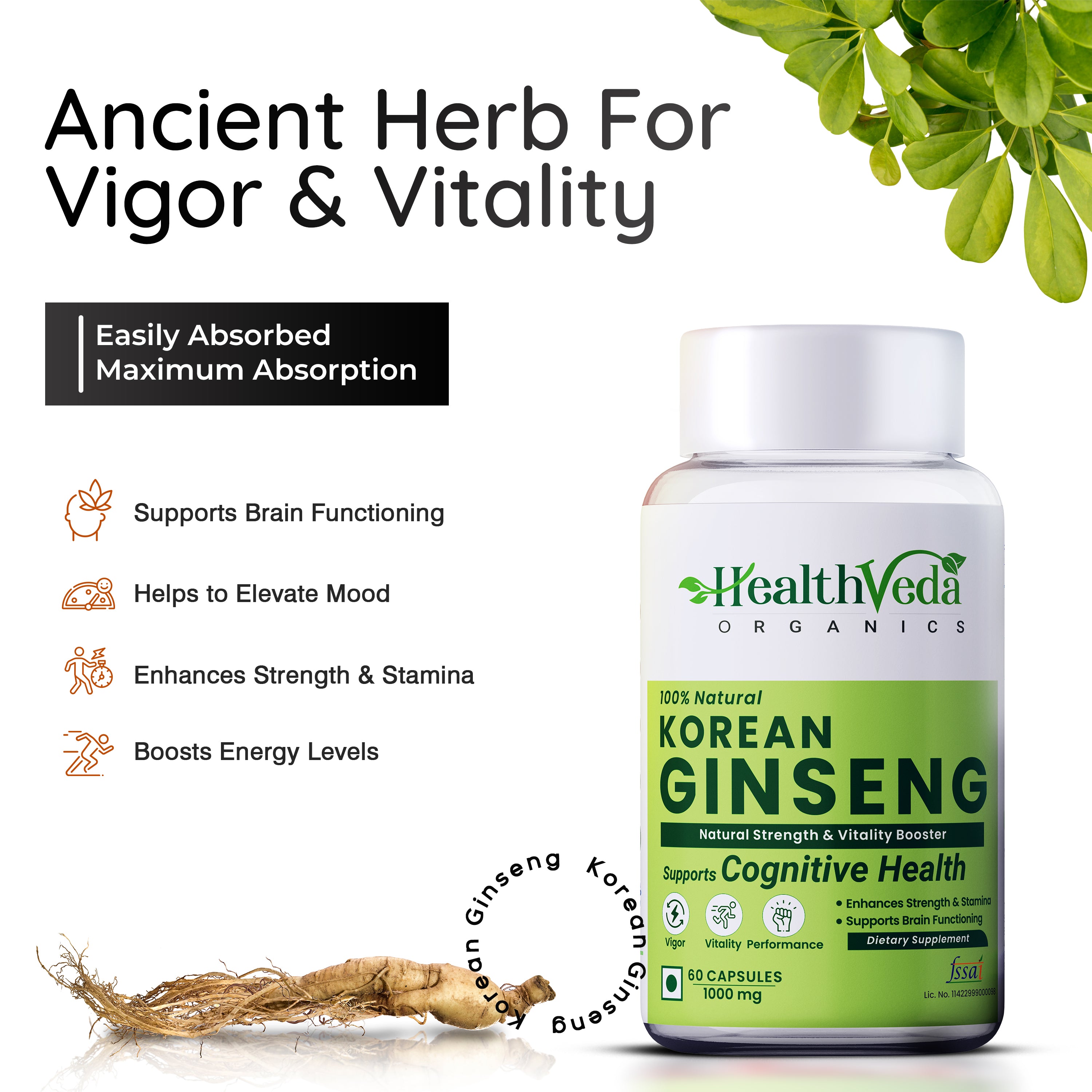 Health Veda Organics Korean Red Ginseng Capsules 1000 mg | Supports Brain Function, Boosts Immunity, Vitality, Energy & Focus- 60 Vegetarian Capsules