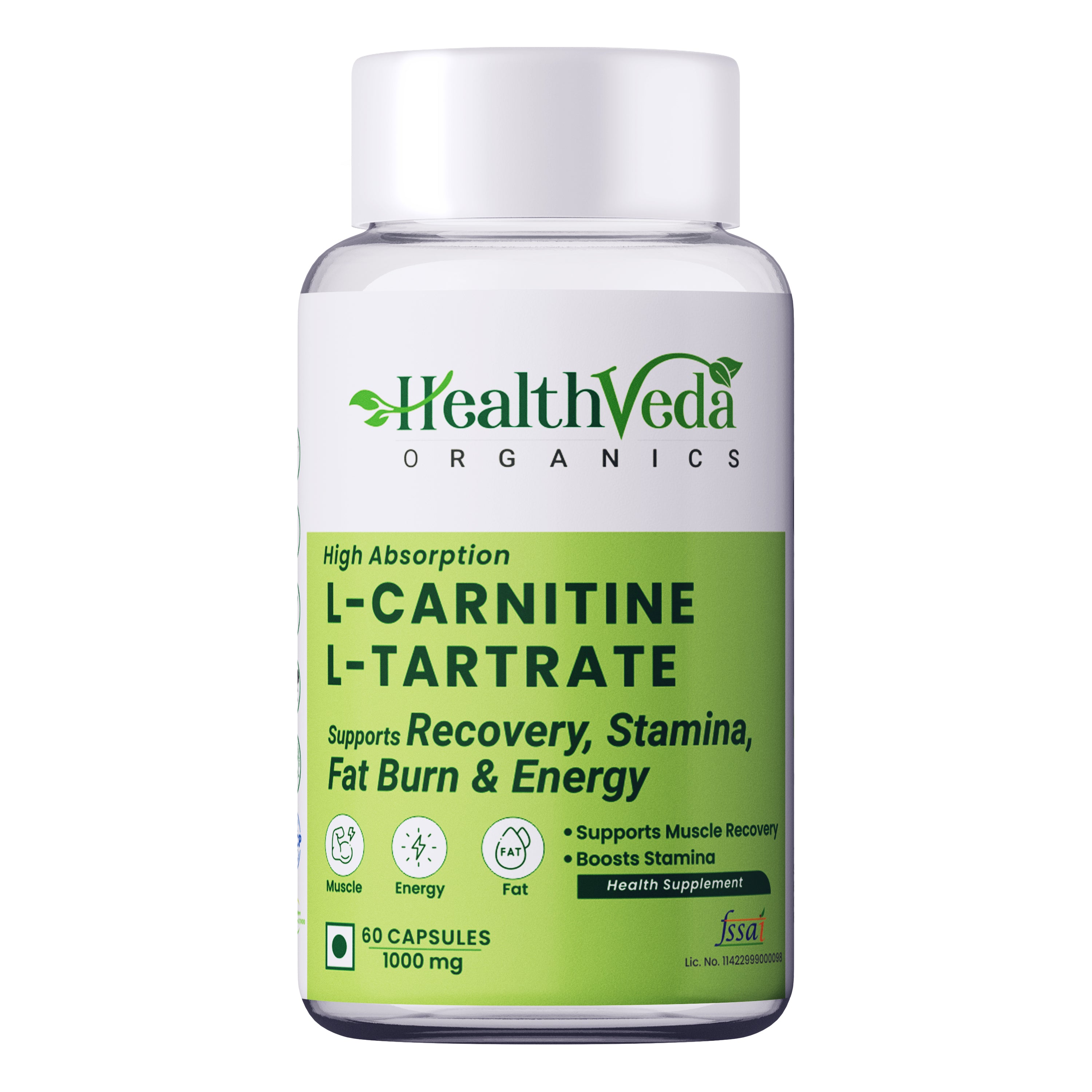 Health Veda Organics L Carnitine L-Tartrate, 1000mg | Pre-Workout Supplements | Supports Muscle Recovery & Endurance | For Both Men & Women I 60 Veg Capsules
