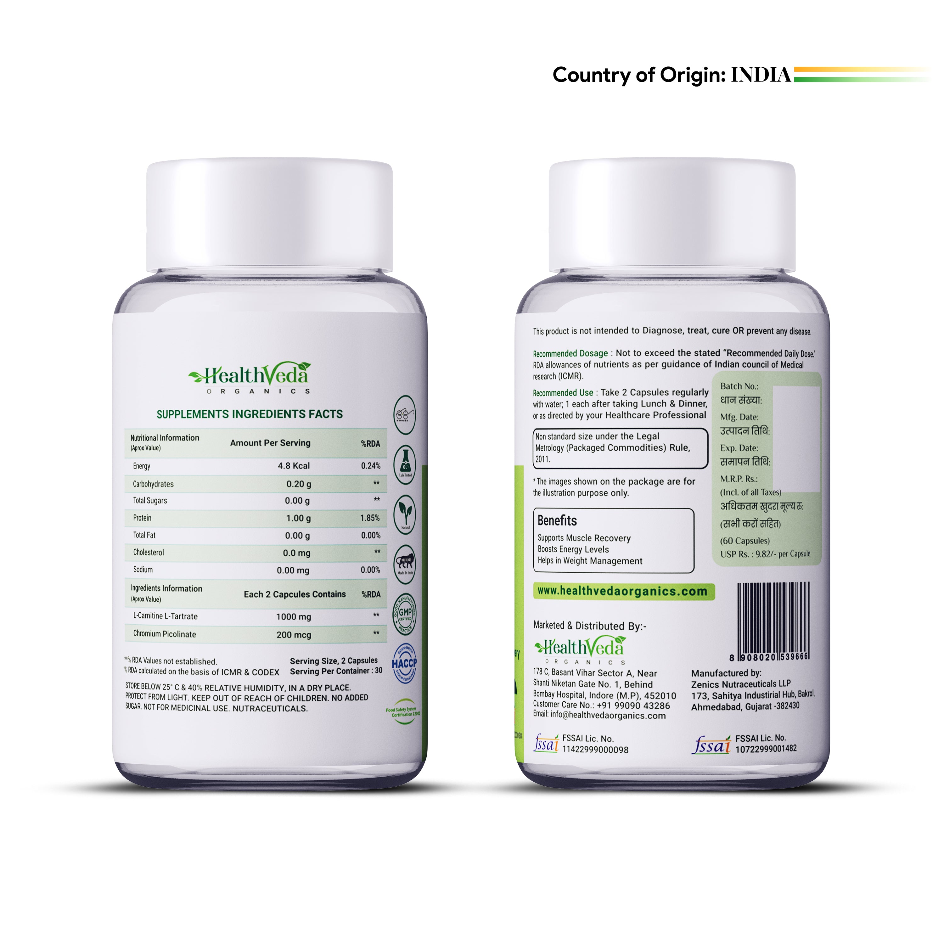 Health Veda Organics L Carnitine L-Tartrate, 1000mg | Pre-Workout Supplements | Supports Muscle Recovery & Endurance | For Both Men & Women I 60 Veg Capsules