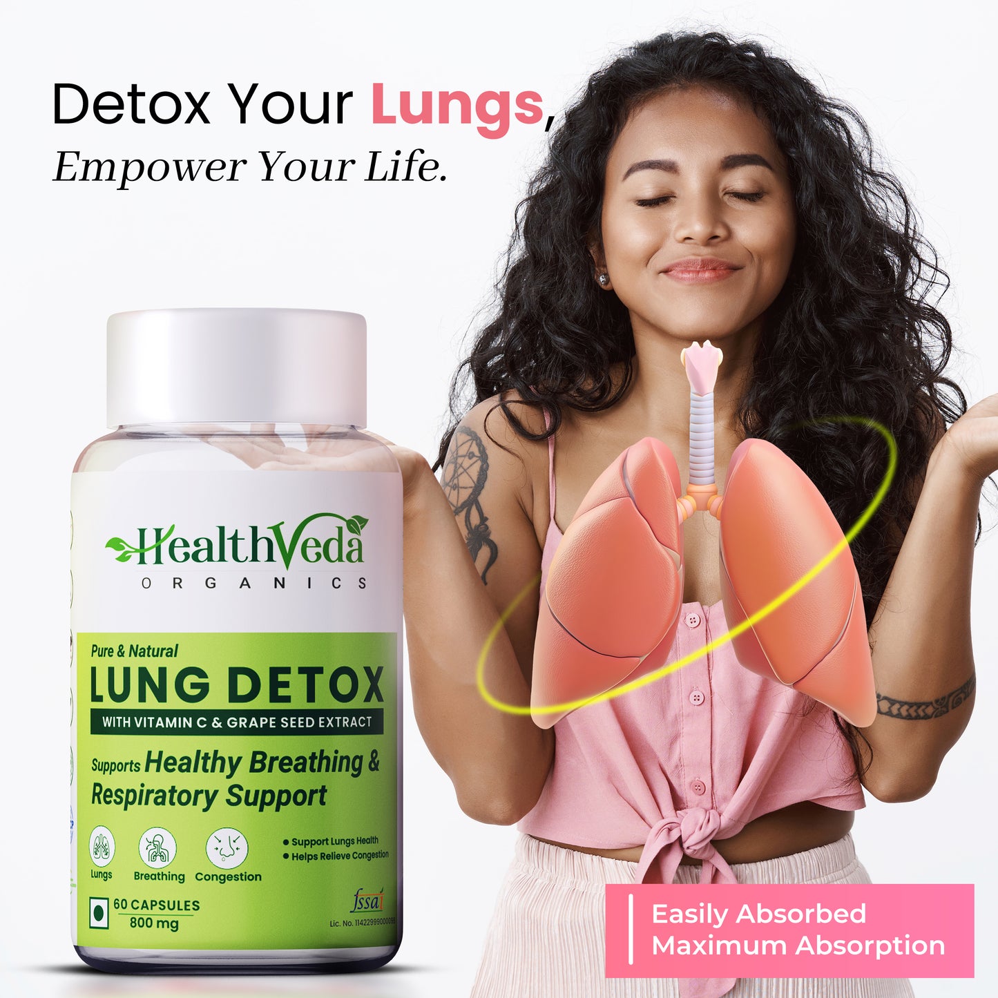 Health Veda Organics Lung Detox with Vitamin C & Grape Seed Extract | 60 Veg Capsules | Supports Healthy Breathing| For Detoxification of Lung & Immunity | For Both Men & Women