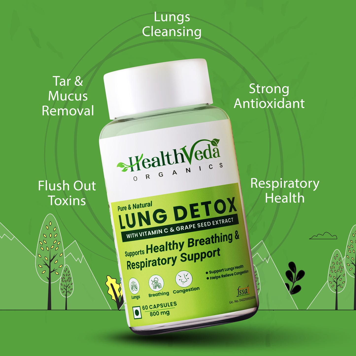 Health Veda Organics Lung Detox with Vitamin C & Grape Seed Extract | 60 Veg Capsules | Supports Healthy Breathing| For Detoxification of Lung & Immunity | For Both Men & Women