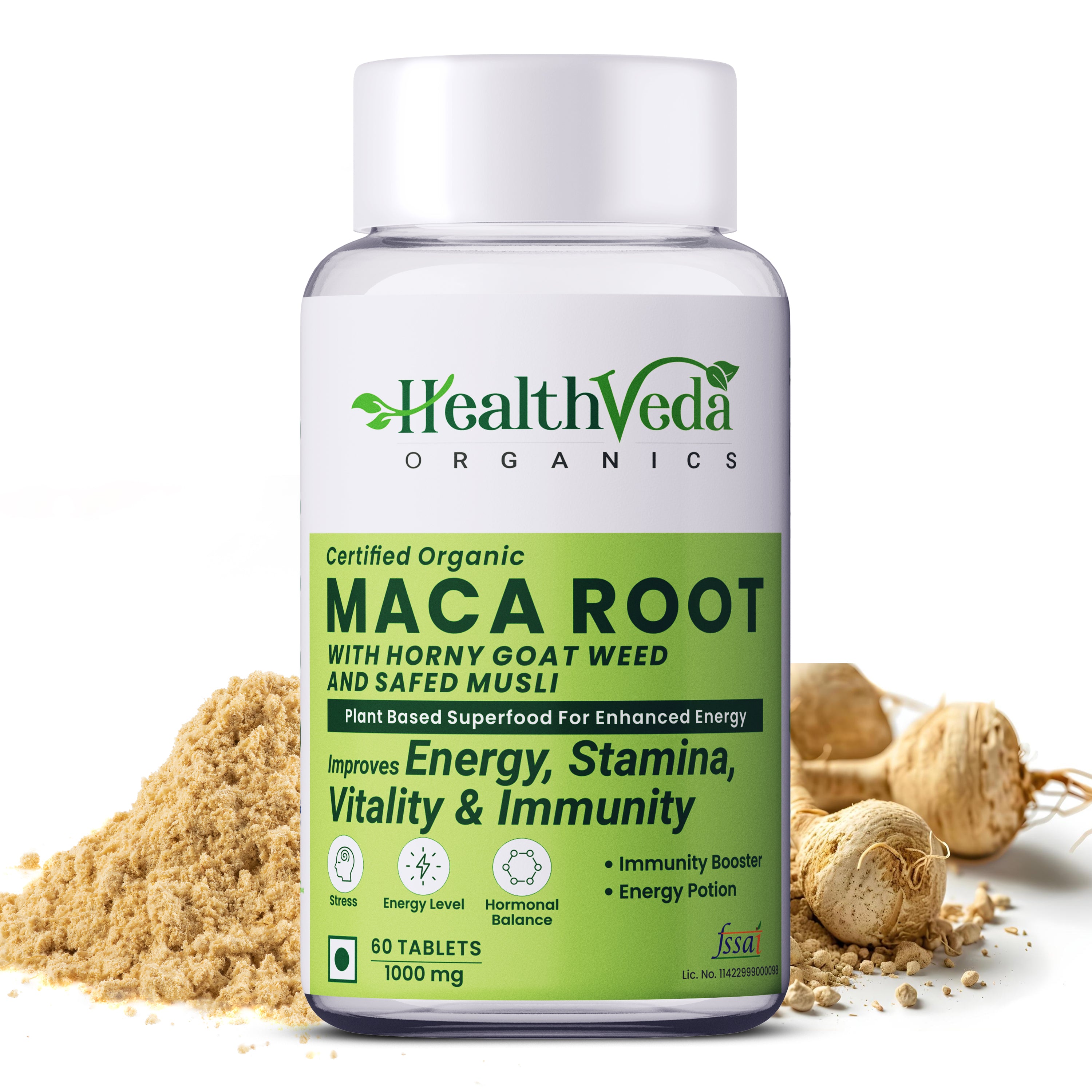 Health Veda Organics Maca Root with Horny Goat Weed & Safed Musli (1000 mg) | 60 Veg Tablets | Energy, Stamina & Vitality Support
