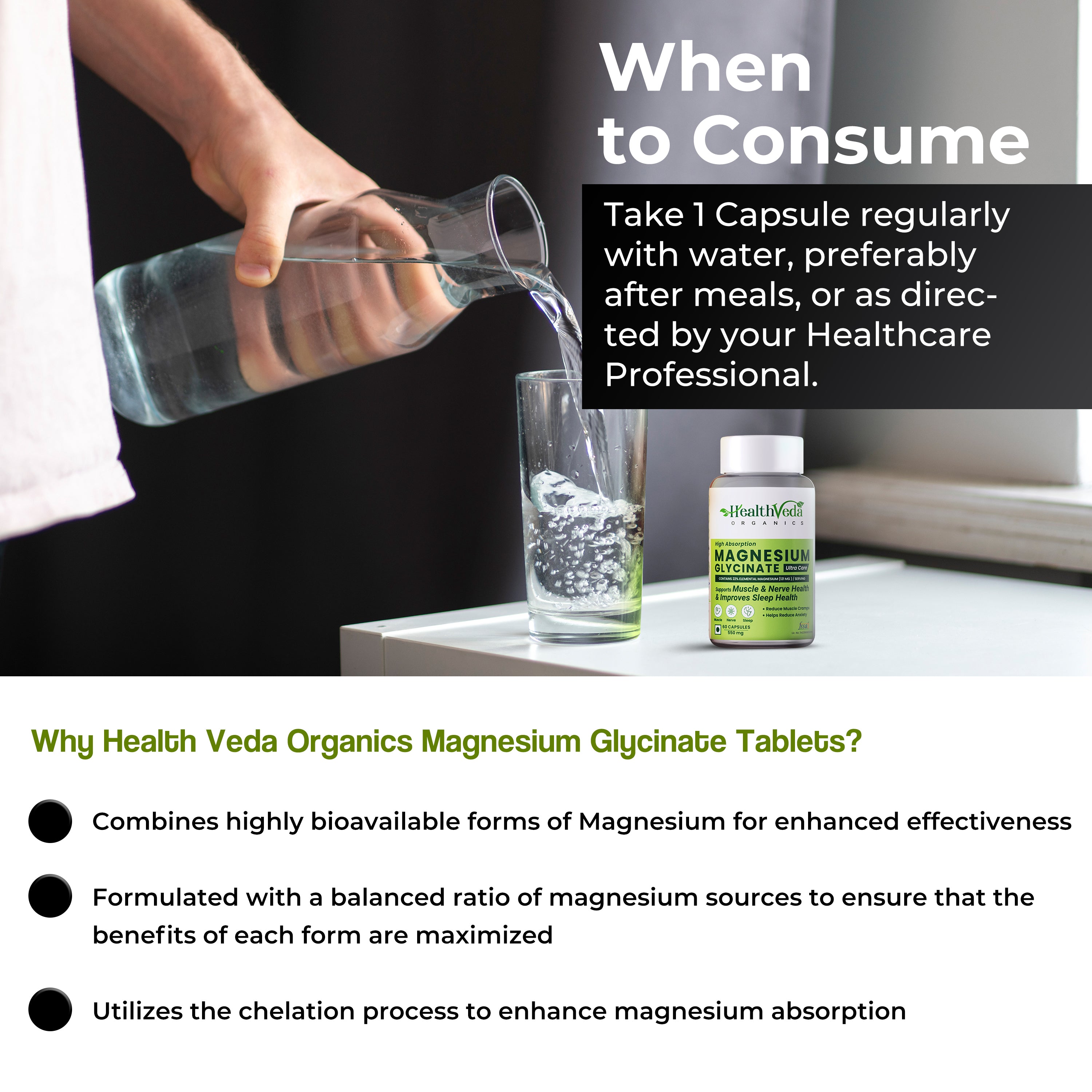 Health Veda Organics High Absorption Magnesium Glycinate, 550mg | 60 Veg Capsules | Supports Nerve & Muscle Health