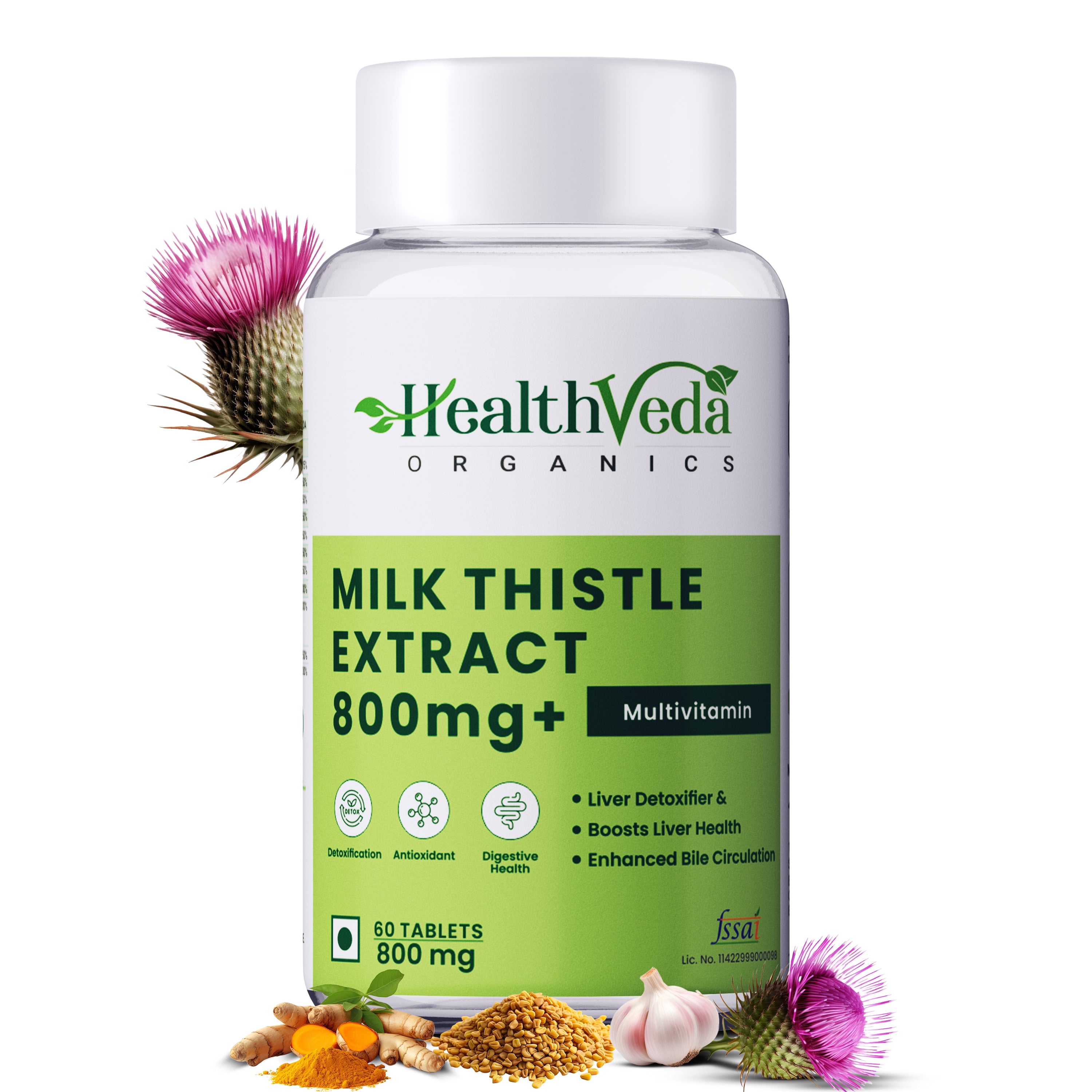 Health Veda Organics Milk Thistle 800 mg Supplement for Healthy Liver Function | Helps In Liver Detox -60 Vegetarian Tablets