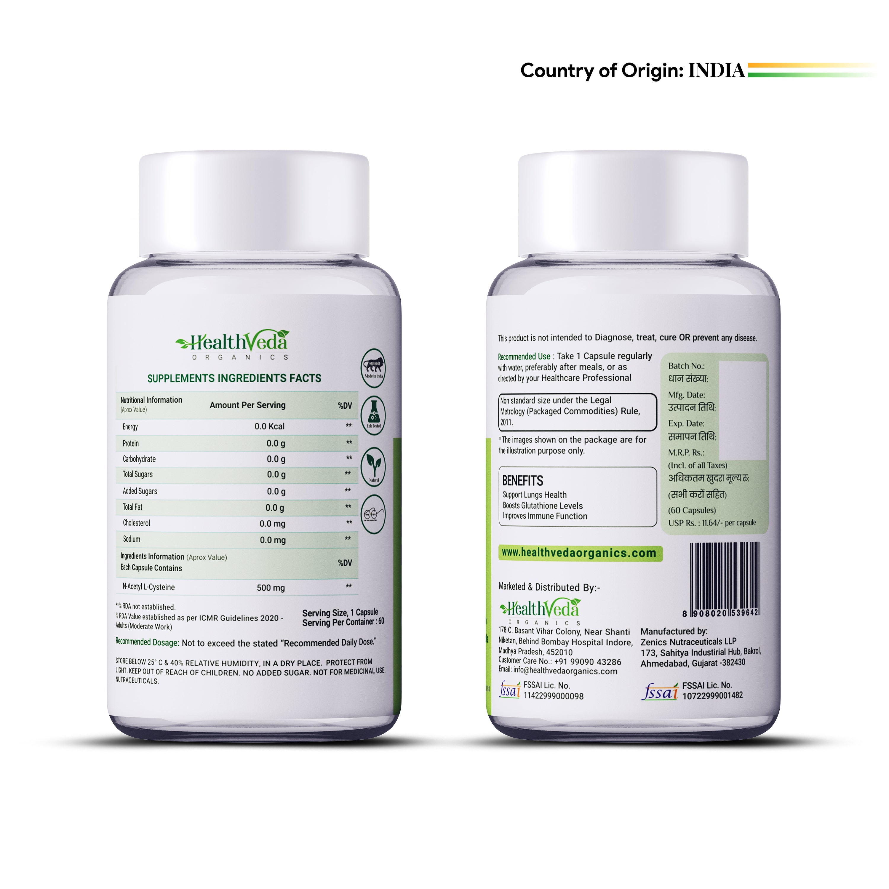 Health Veda Organics N - Acetyl L - Cysteine 500mg | 60 Veg Capsules | Lungs & Respiratory Support| Immune Health |For both Men & Women