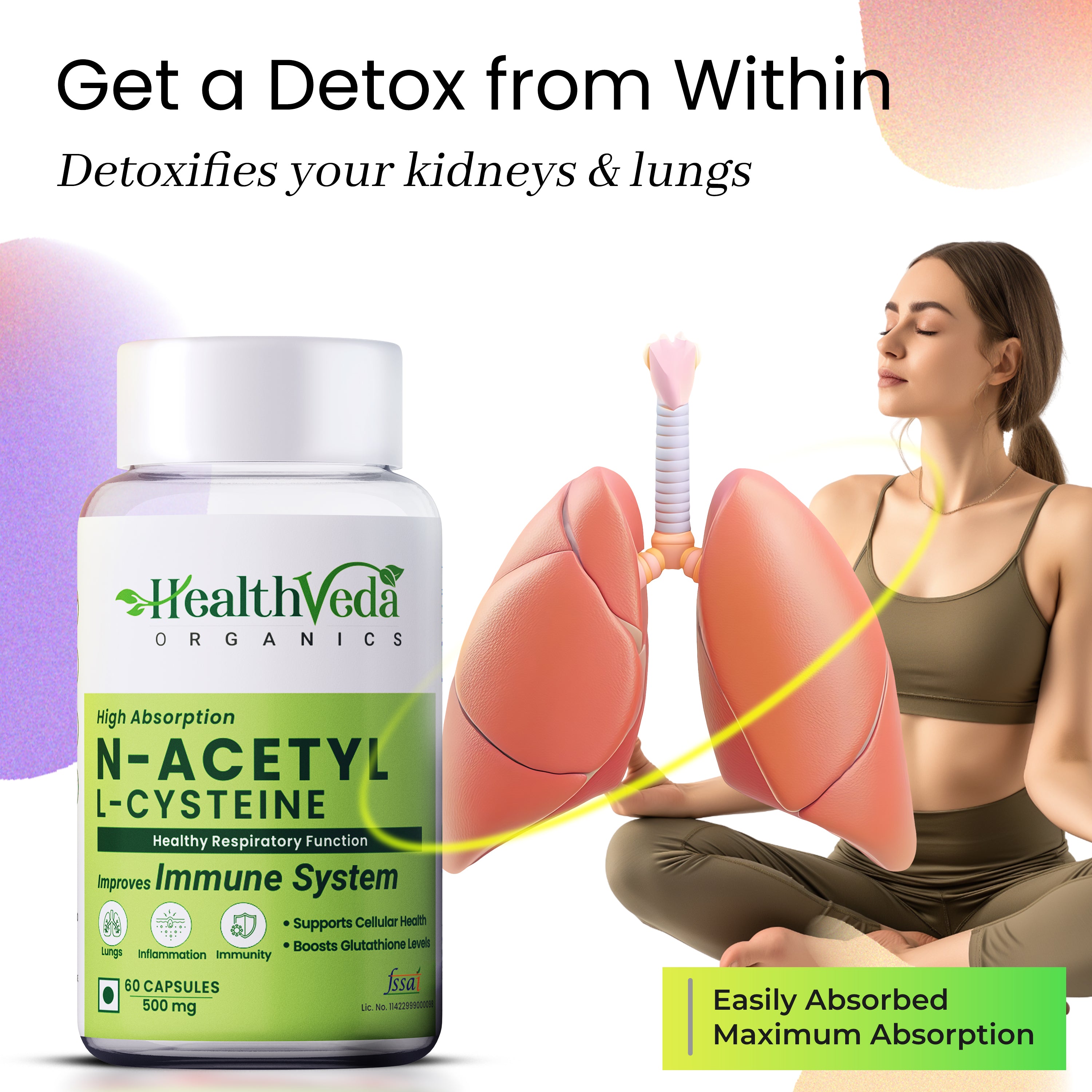 Health Veda Organics N - Acetyl L - Cysteine 500mg | 60 Veg Capsules | Lungs & Respiratory Support| Immune Health |For both Men & Women