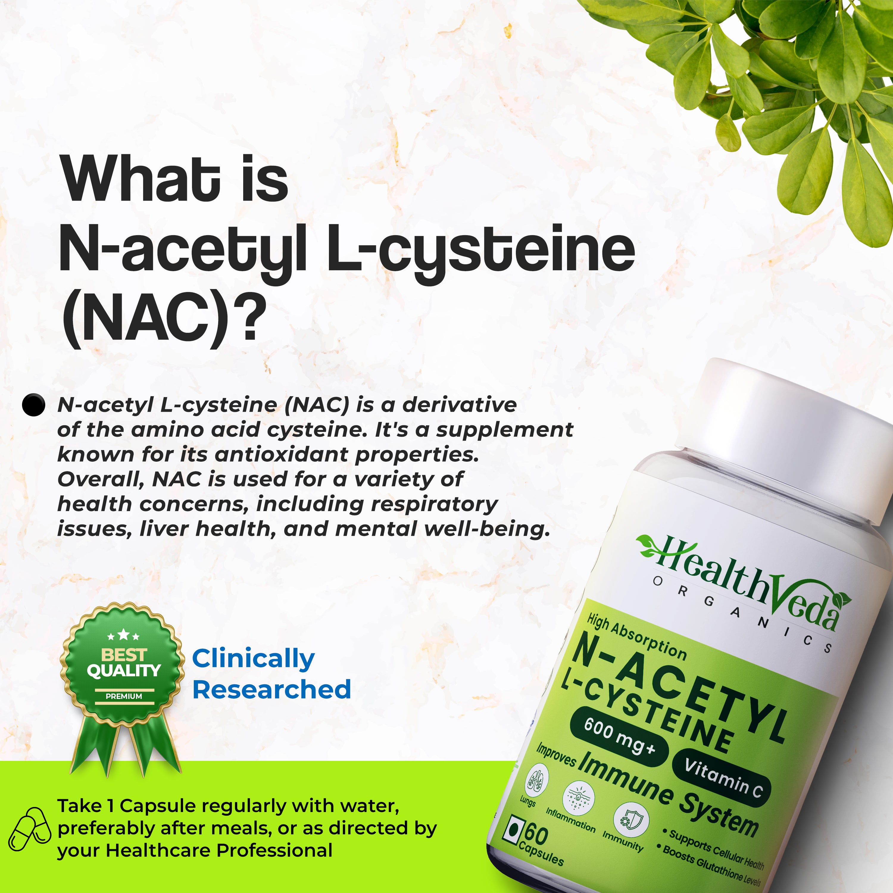 Health Veda Organics N - Acetyl L - Cysteine 500mg | 60 Veg Capsules | Lungs & Respiratory Support| Immune Health |For both Men & Women