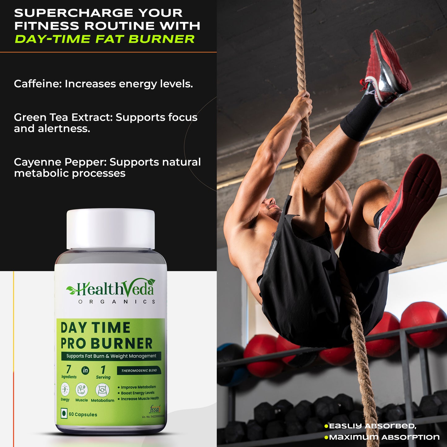 Health Veda Organics Day & Night Fat Burner Capsules for Men & Women | 24-Hour Metabolic Support & Weight Loss Support | 60 Capsules Each Pack