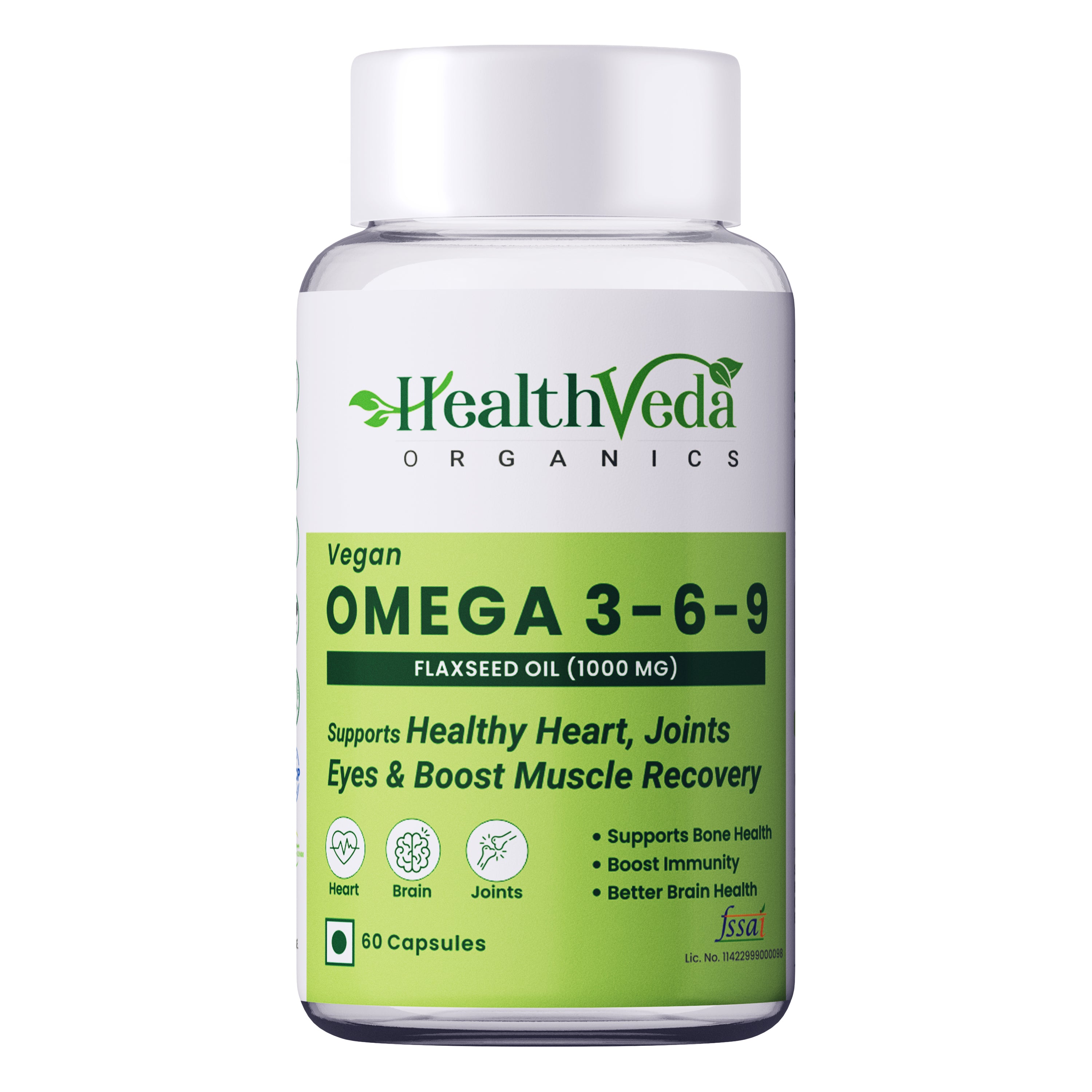HealthVeda Organics Vegan Omega 3-6-9 Flaxseed Oil(1000mg) for Healthy Bones, Hair&Skin|60 Veg Soft Gel Capsules for Both Women & Men