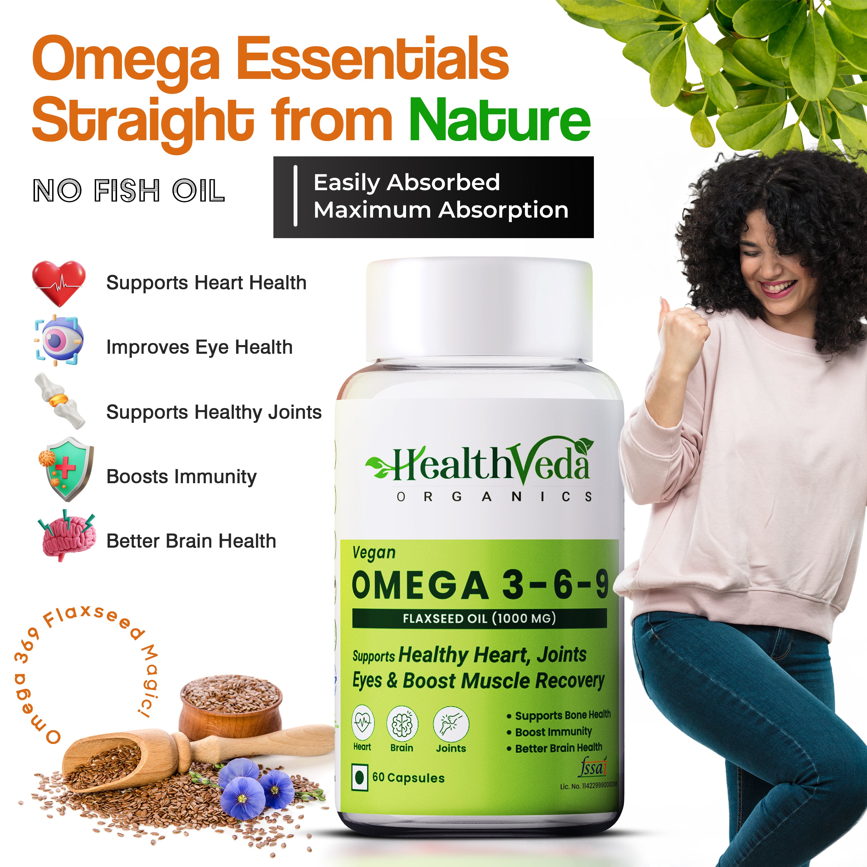 HealthVeda Organics Vegan Omega 3-6-9 Flaxseed Oil(1000mg) for Healthy Bones, Hair&Skin|60 Veg Soft Gel Capsules for Both Women & Men