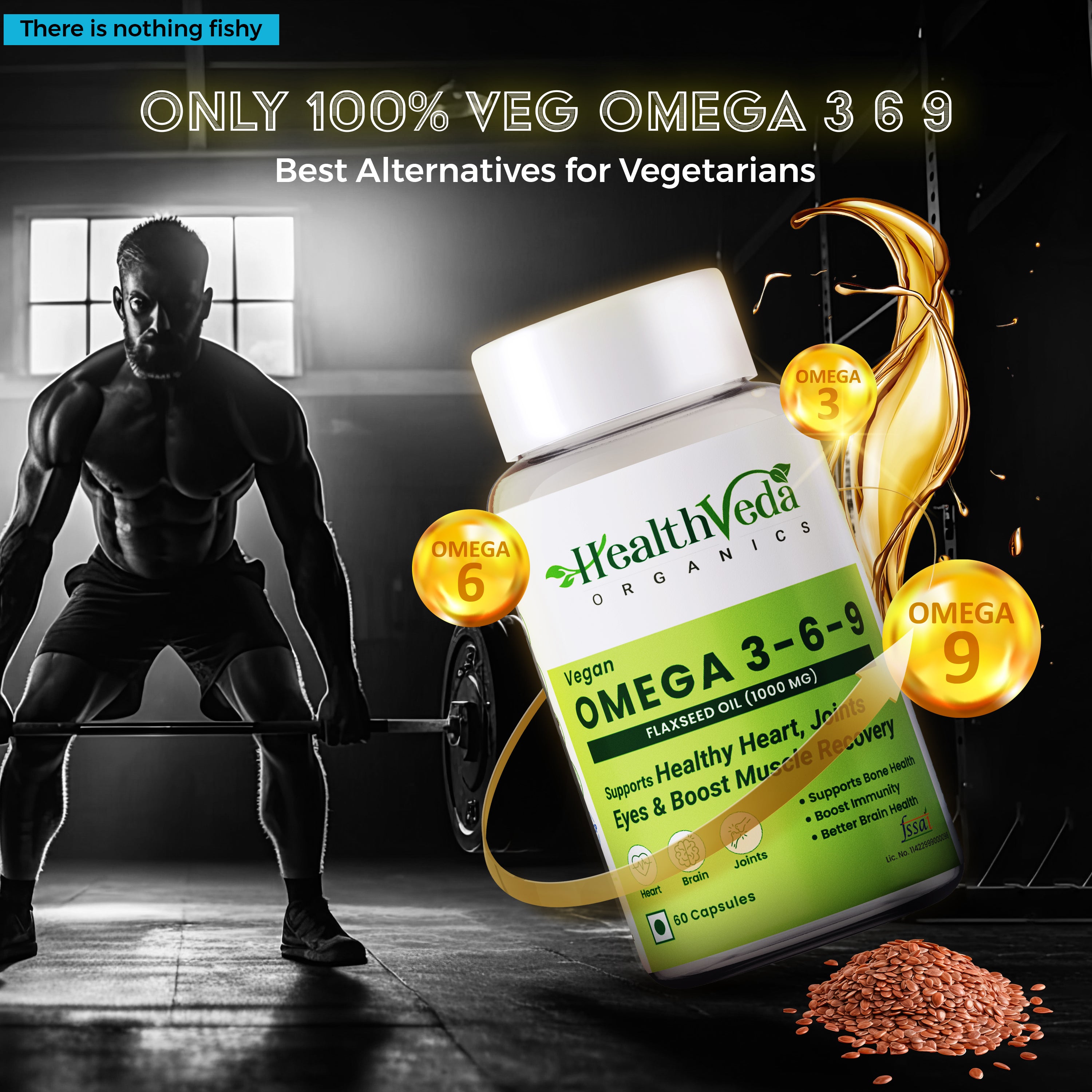 HealthVeda Organics Vegan Omega 3-6-9 Flaxseed Oil(1000mg) for Healthy Bones, Hair&Skin|60 Veg Soft Gel Capsules for Both Women & Men