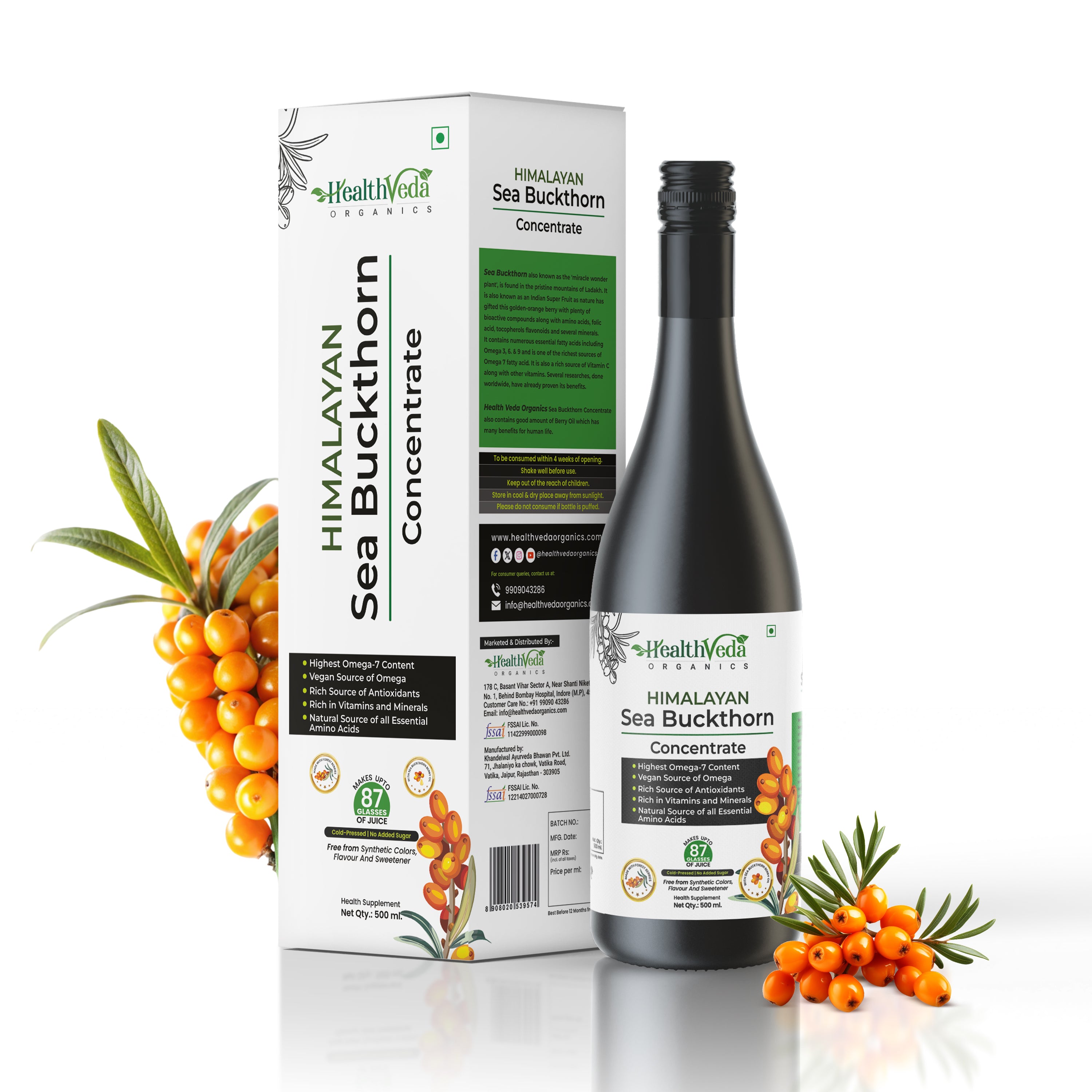 Health Veda Organics Himalayan Sea Buckthorn Pulp 500ml | Rich in Vitamin C, Omega 3-6-7-9 & Natural Antioxidants | For Daily Wellness