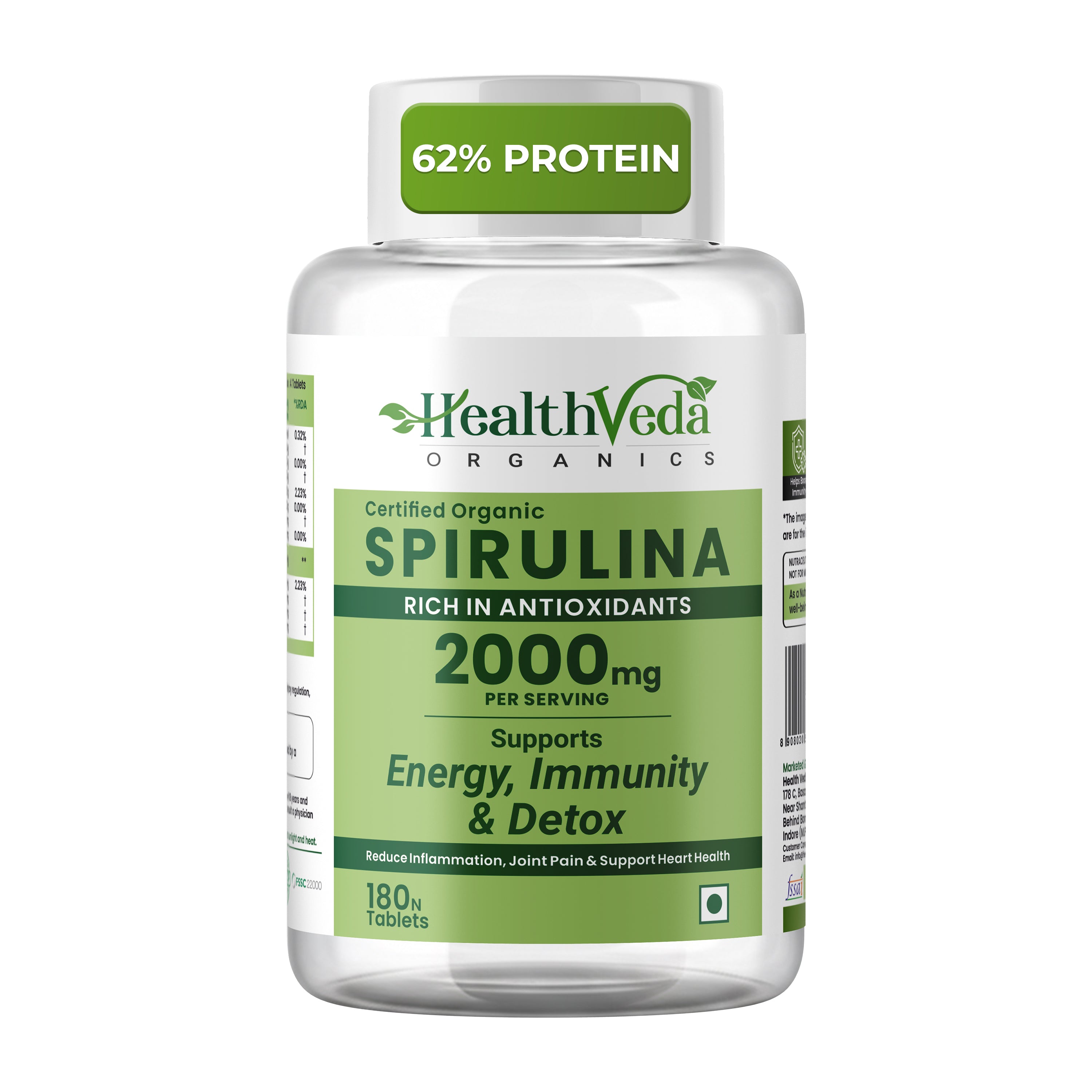 Health Veda Organics 100% Organic Spirulina Powder Tablets 2000mg Per Serving | Natural Superfood for Daily Nutrition, Supports Energy, Immunity & Detox | Certified Spirulina Supplement - 180 Tablets