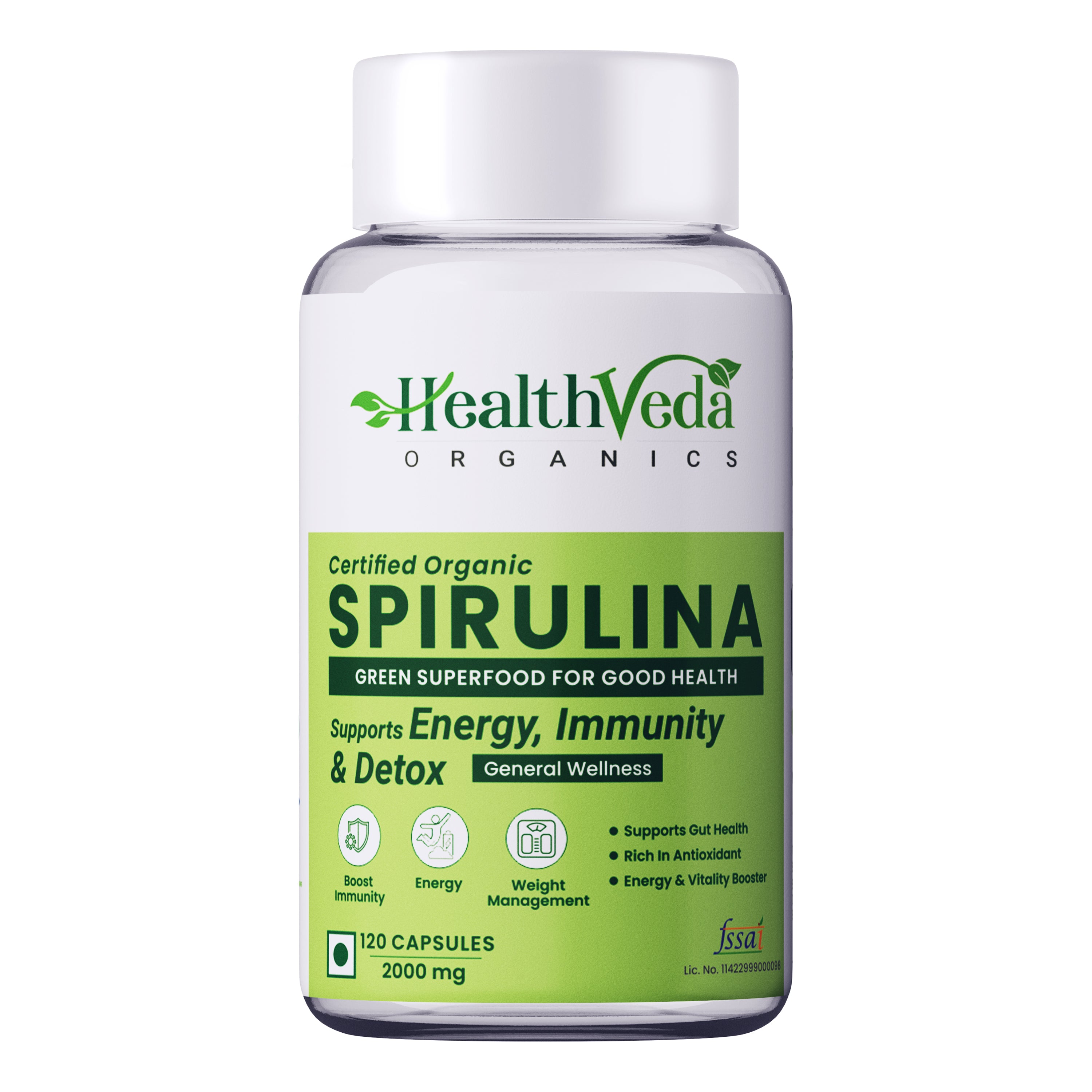 Health Veda Organics Spirulina Capsules 2000mg | Green Food for Good Health Weight Management & Immunity Booster - 120 Vegetarian Capsules