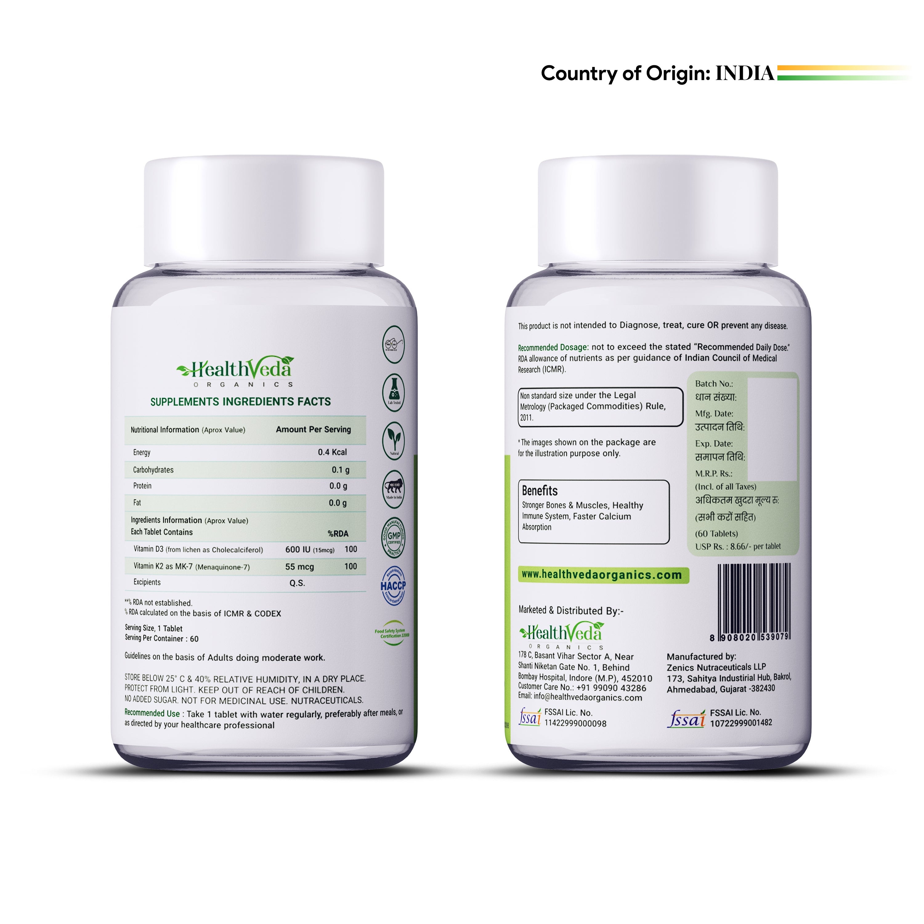 Vitamin D3+K2 as MK7 Supplement | Support Healthy BonesBOOSTS Immune System & Joint Care | 60 Veg Tablets for both Men & Women