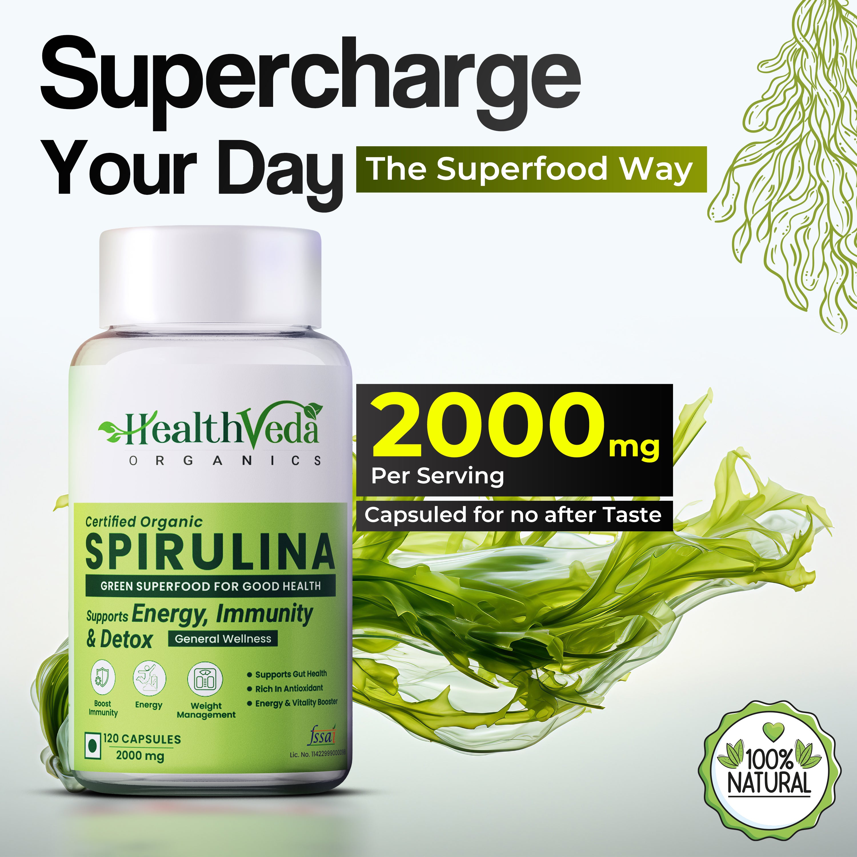 Health Veda Organics Spirulina Capsules 2000mg | Green Food for Good Health Weight Management & Immunity Booster - 120 Vegetarian Capsules