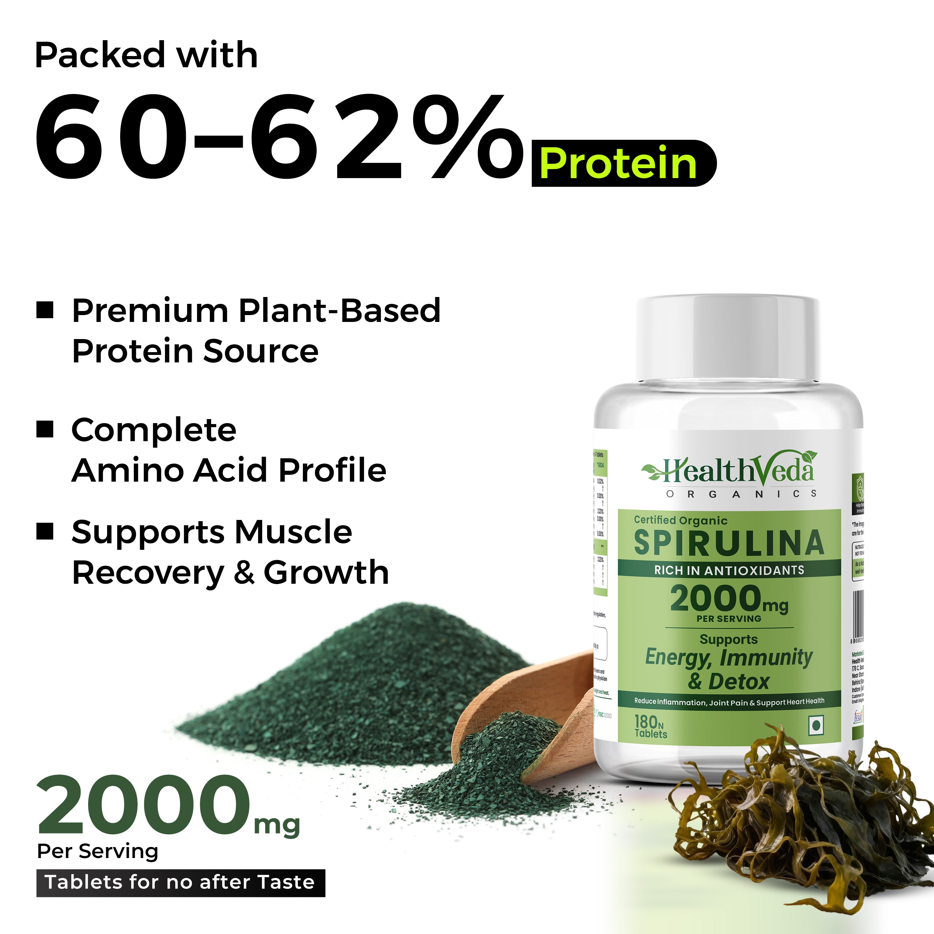 Health Veda Organics 100% Organic Spirulina Powder Tablets 2000mg Per Serving | Natural Superfood for Daily Nutrition, Supports Energy, Immunity & Detox | Certified Spirulina Supplement - 180 Tablets