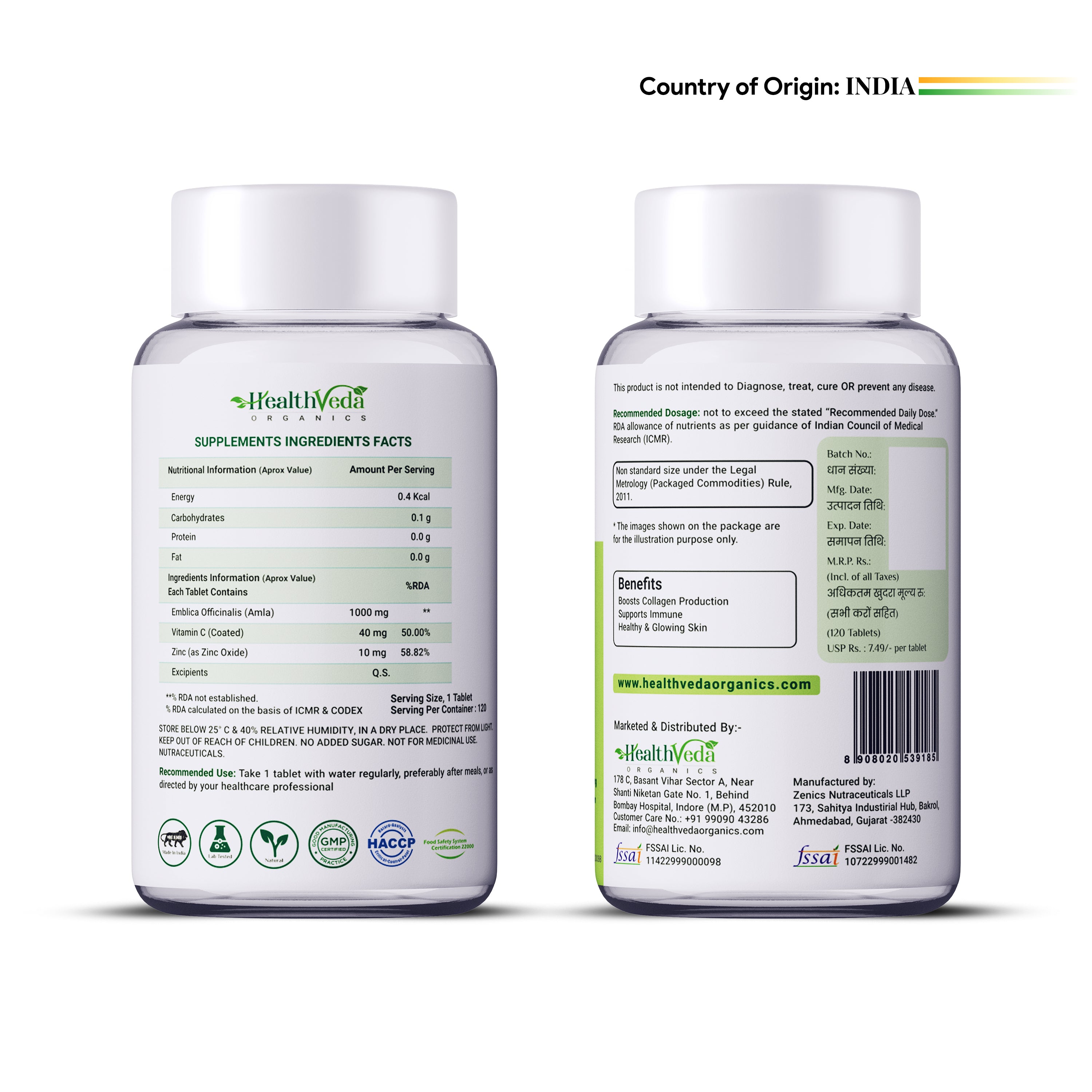 Health Veda Organics Natural Vitamin C & Zinc 1000 mg I 120 Veg Tablets I Boosts Immunity, Antioxidant & Skin Care | For both Men & Women