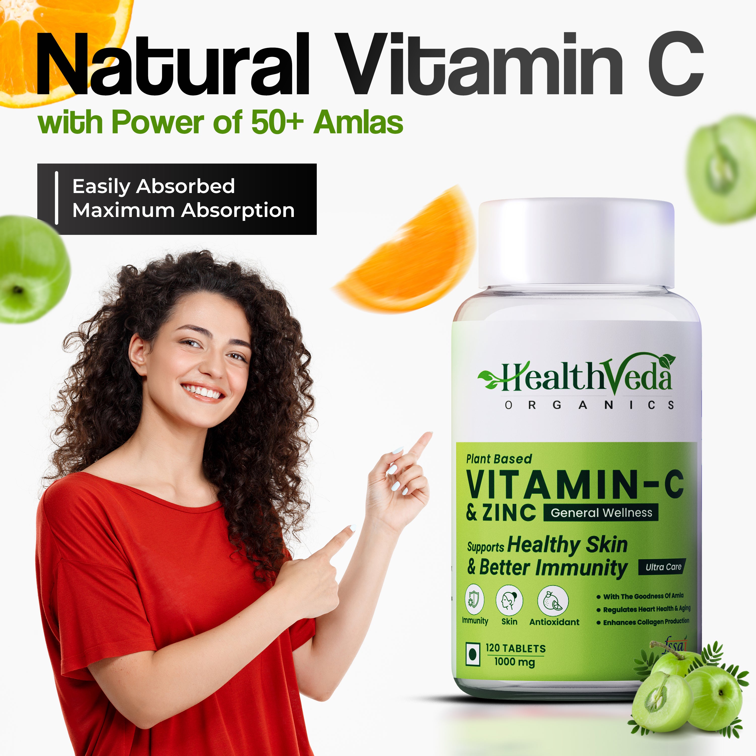 Health Veda Organics Natural Vitamin C & Zinc 1000 mg I 120 Veg Tablets I Boosts Immunity, Antioxidant & Skin Care | For both Men & Women