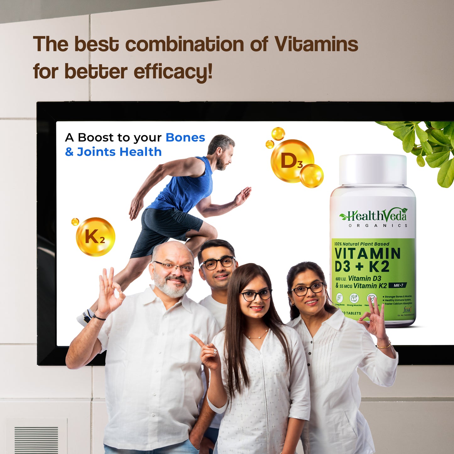 Vitamin D3+K2 as MK7 Supplement | Support Healthy BonesBOOSTS Immune System & Joint Care | 60 Veg Tablets for both Men & Women