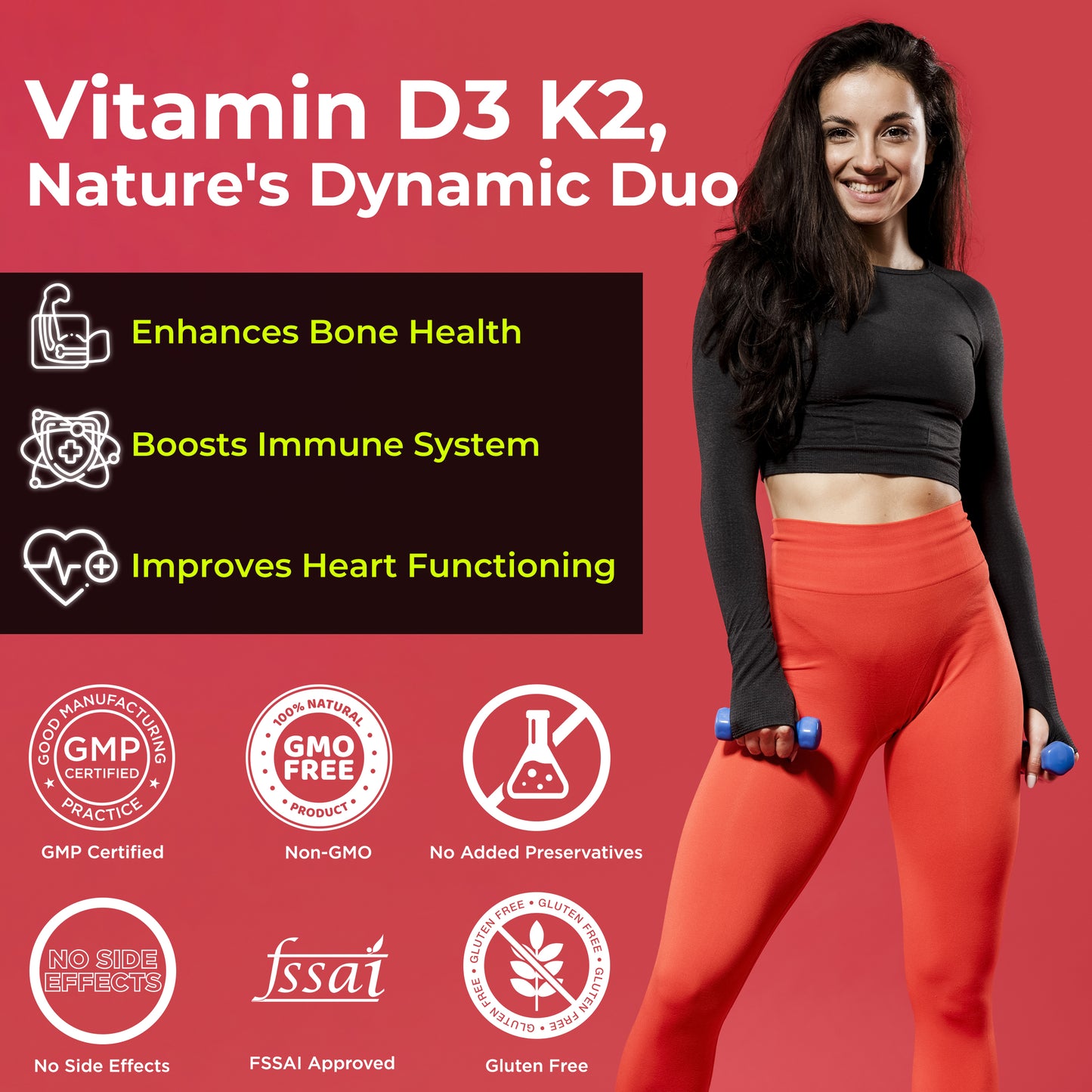 Vitamin D3+K2 as MK7 Supplement | Support Healthy BonesBOOSTS Immune System & Joint Care | 60 Veg Tablets for both Men & Women